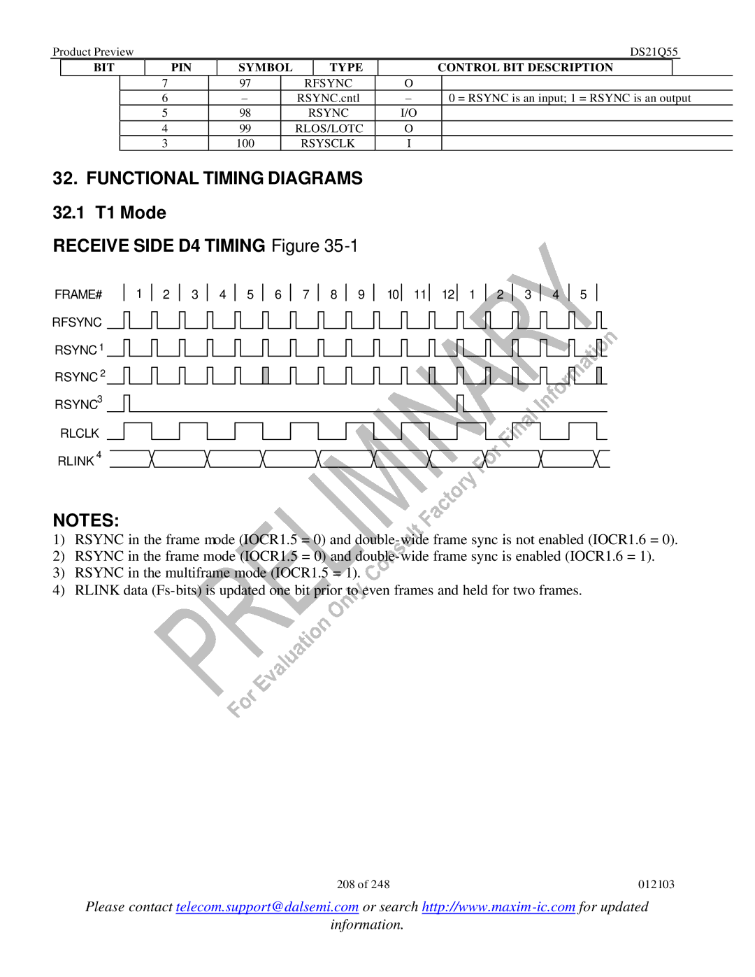 Maxim DS21Q55 specifications Rsync RLOS/LOTC, Rsysclk 