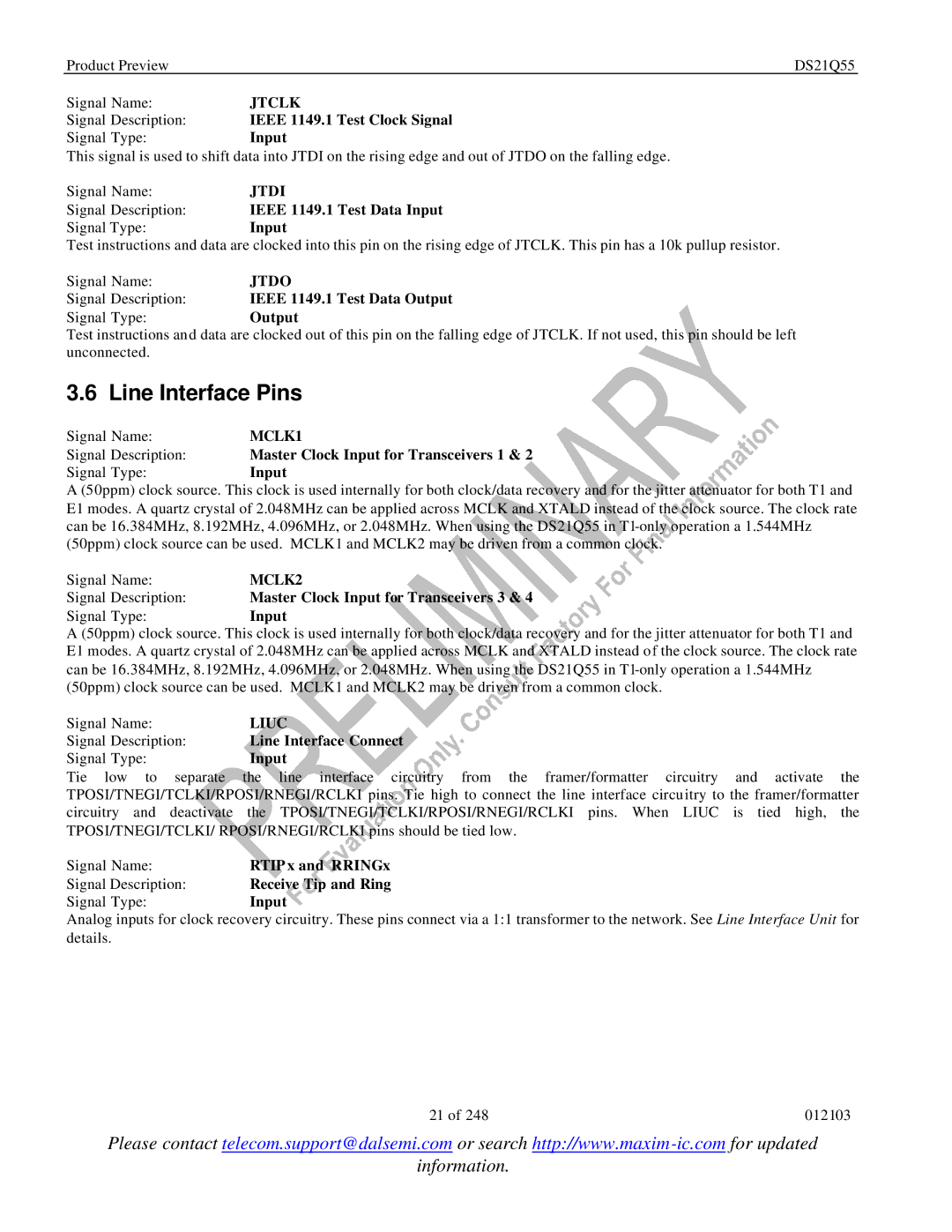 Maxim DS21Q55 specifications Line Interface Pins 