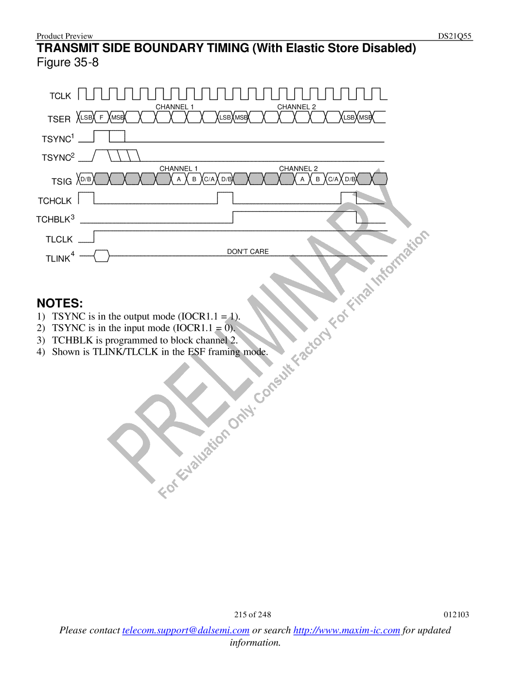 Maxim DS21Q55 specifications Transmit Side Boundary Timing With Elastic Store Disabled 