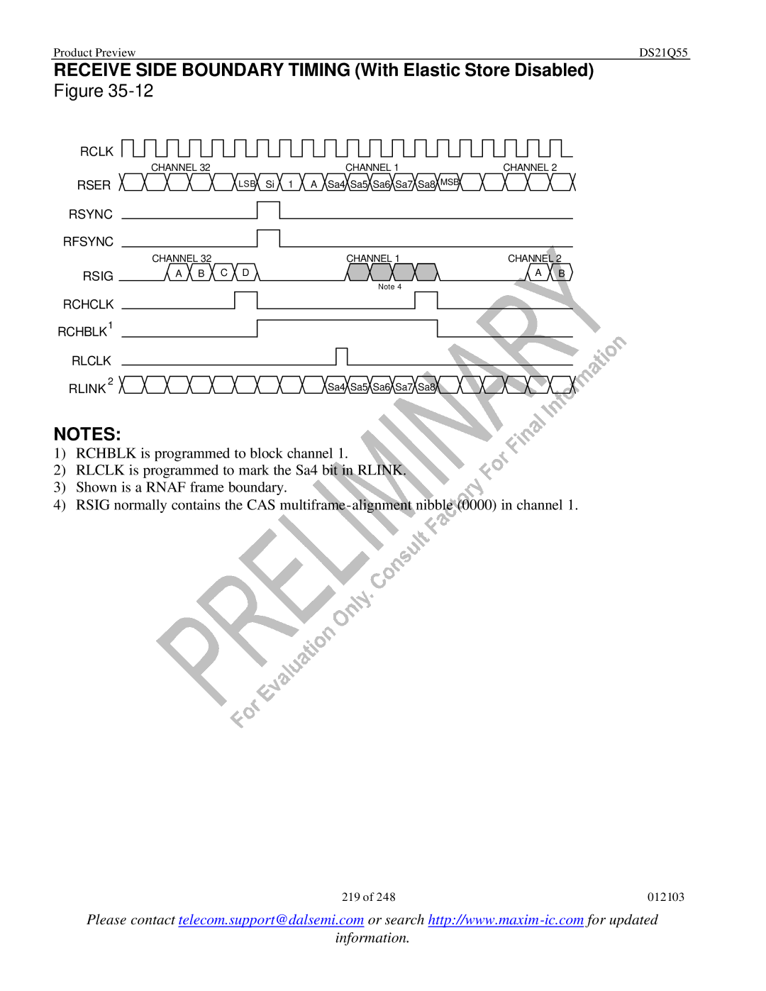 Maxim DS21Q55 specifications Receive Side Boundary Timing With Elastic Store Disabled 