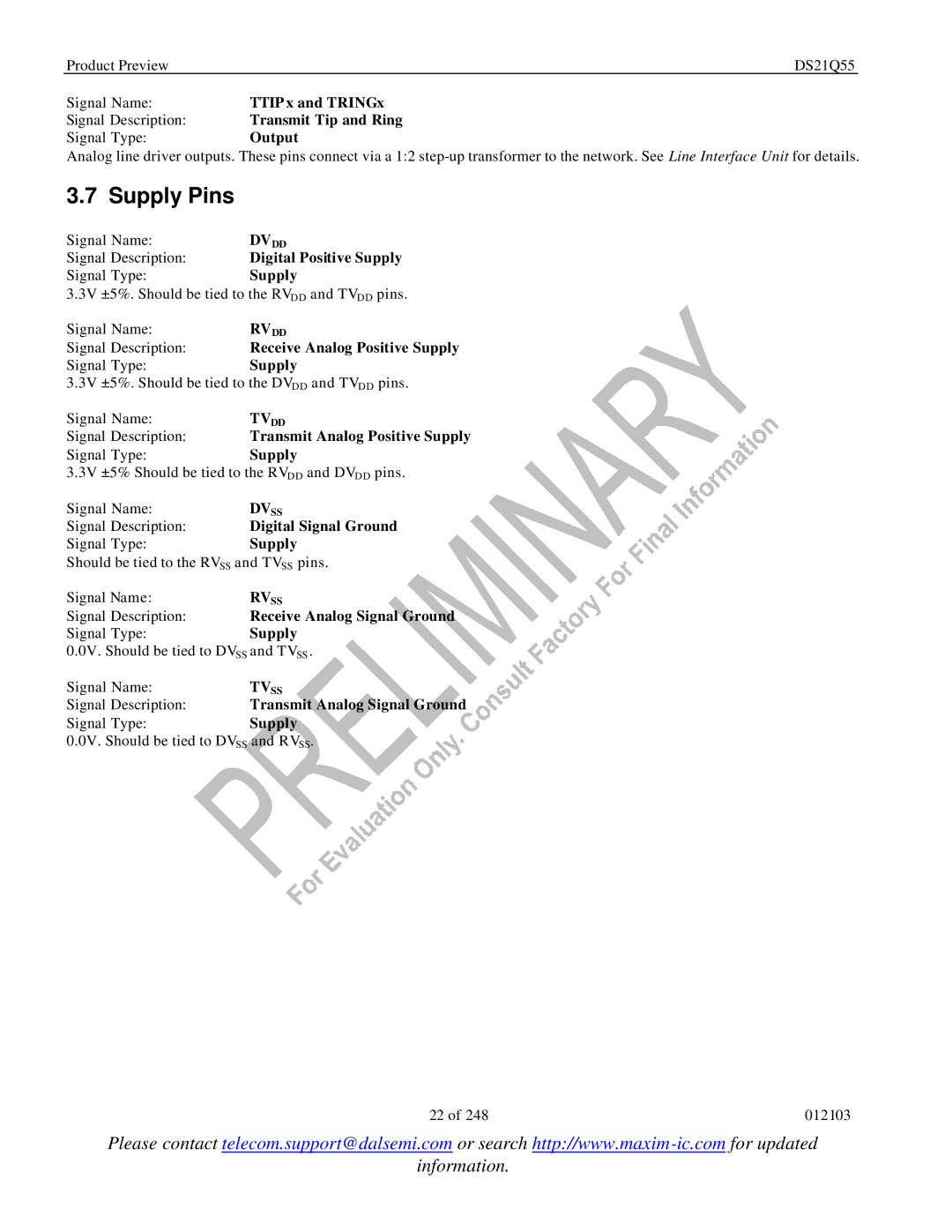 Maxim DS21Q55 specifications Supply Pins 