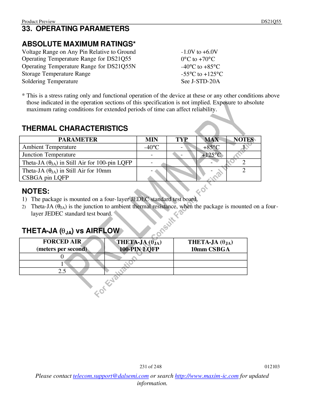 Maxim DS21Q55 Operating Parameters Absolute Maximum Ratings, Thermal Characteristics, THETA-JA θJA vs Airflow 