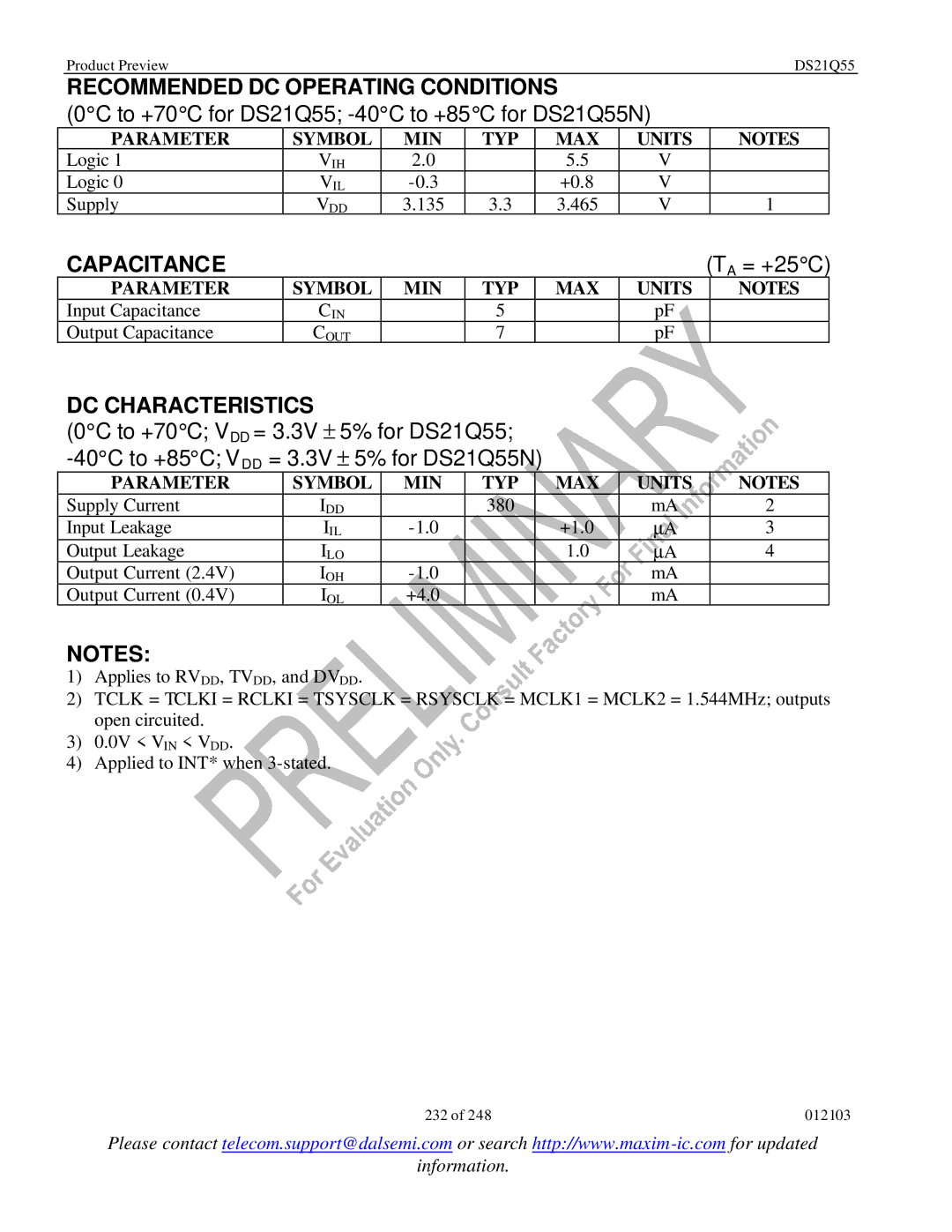 Maxim DS21Q55 Recommended DC Operating Conditions, Capacitance, DC Characteristics, Parameter Symbol MIN TYP MAX 