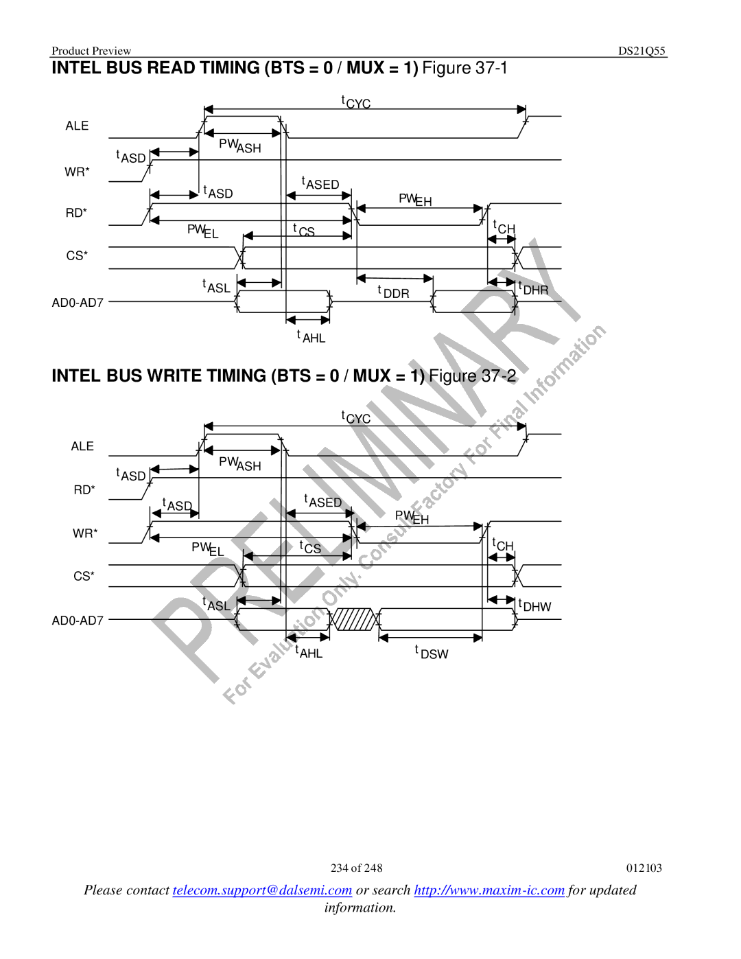 Maxim DS21Q55 Intel BUS Read Timing BTS = 0 / MUX = 1 Figure, Intel BUS Write Timing BTS = 0 / MUX = 1 Figure 