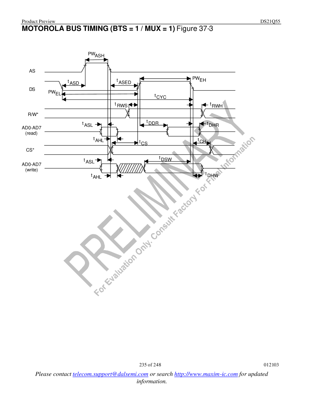 Maxim DS21Q55 specifications Motorola BUS Timing BTS = 1 / MUX = 1 Figure 