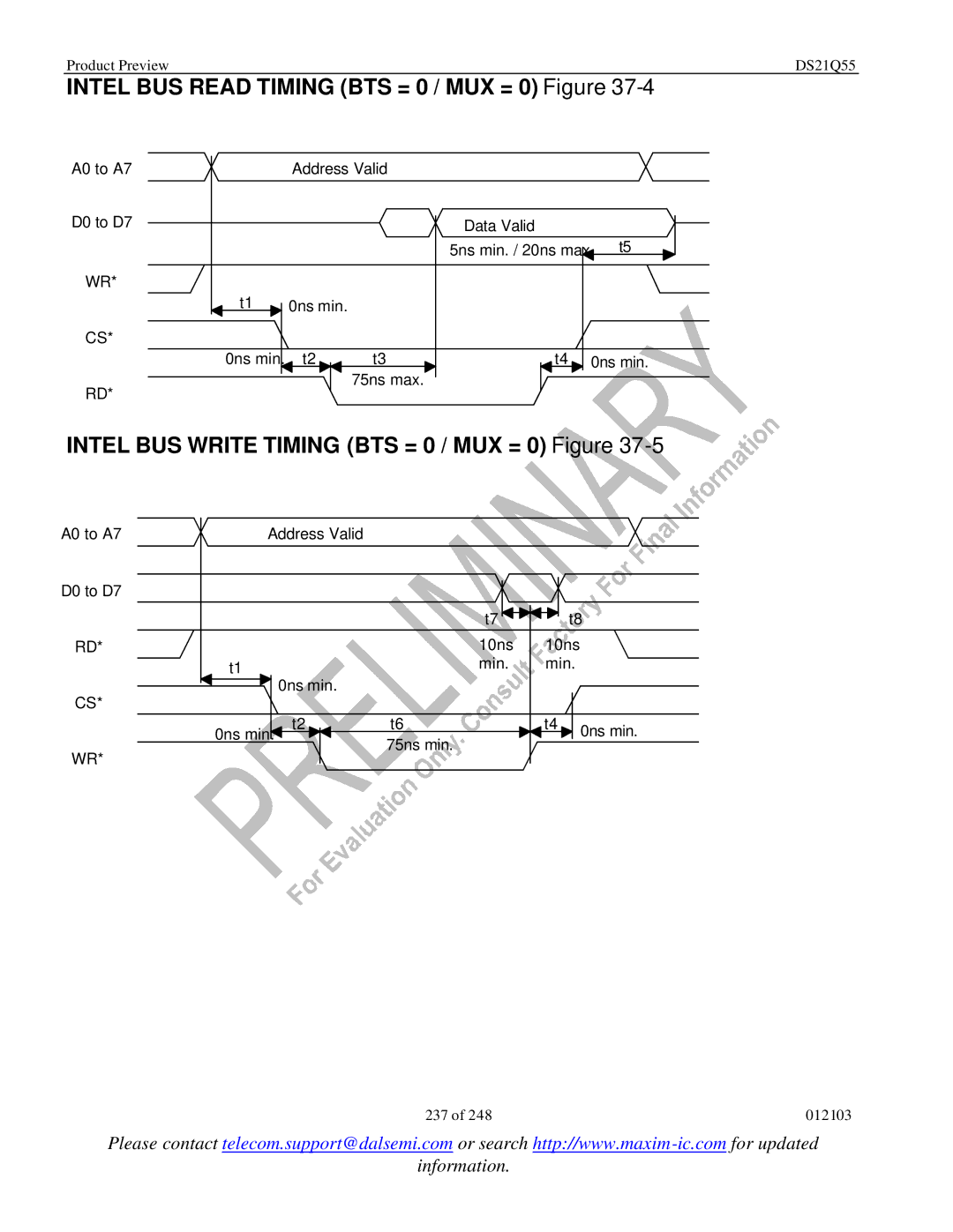 Maxim DS21Q55 specifications Intel BUS Read Timing BTS = 0 / MUX = 0 Figure 