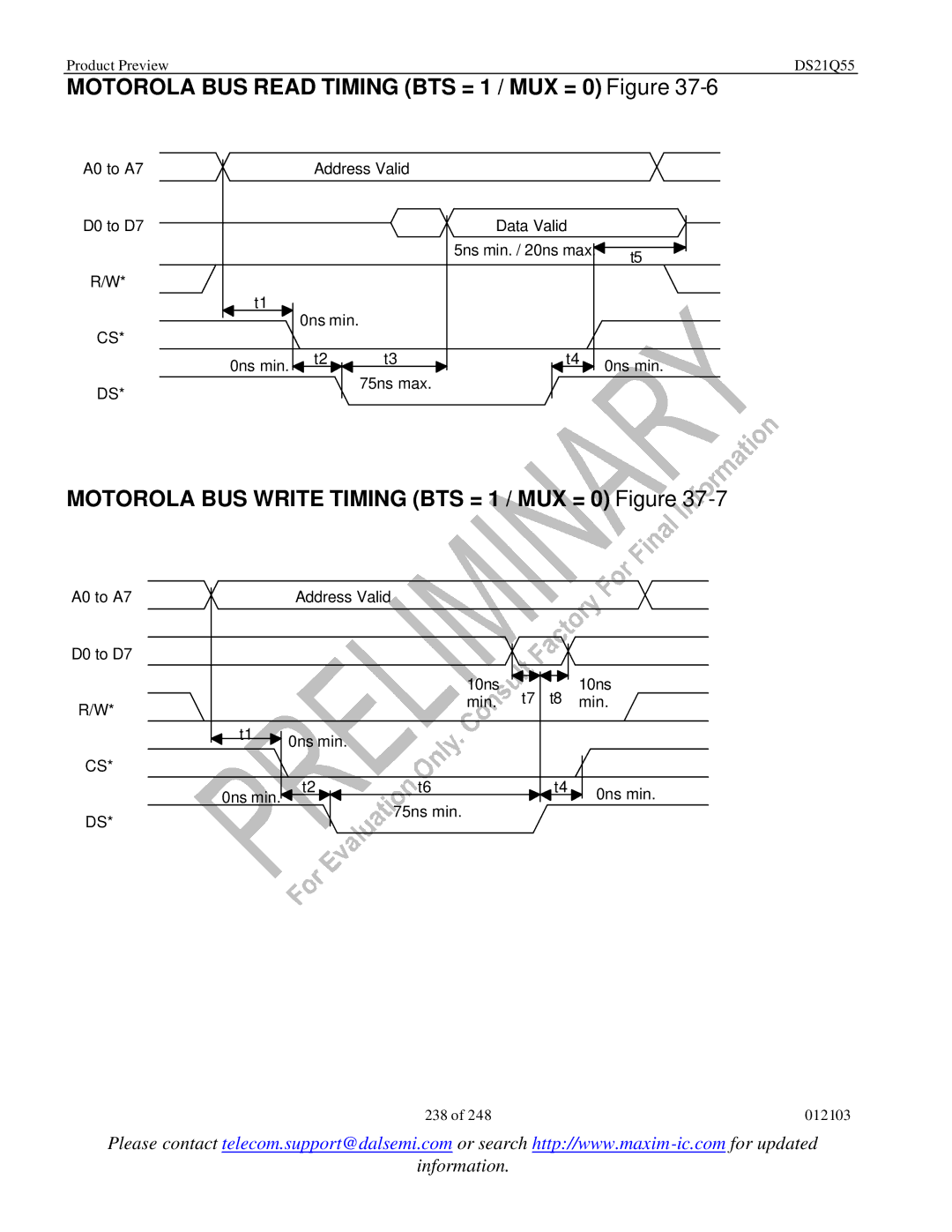 Maxim DS21Q55 specifications Motorola BUS Read Timing BTS = 1 / MUX = 0 Figure 