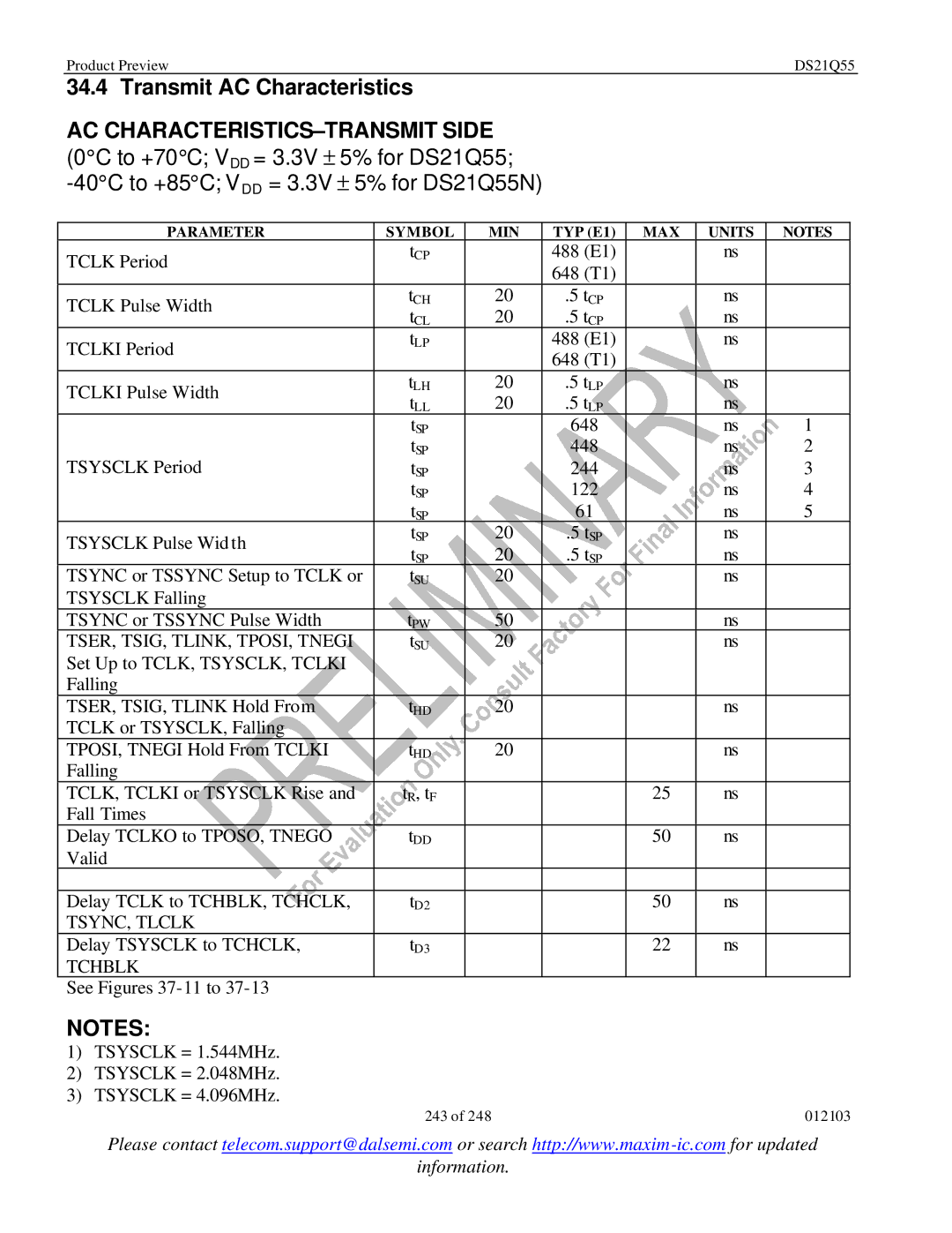 Maxim DS21Q55 specifications Transmit AC Characteristics, Parameter Symbol MIN, TYP E1, MAX Units 