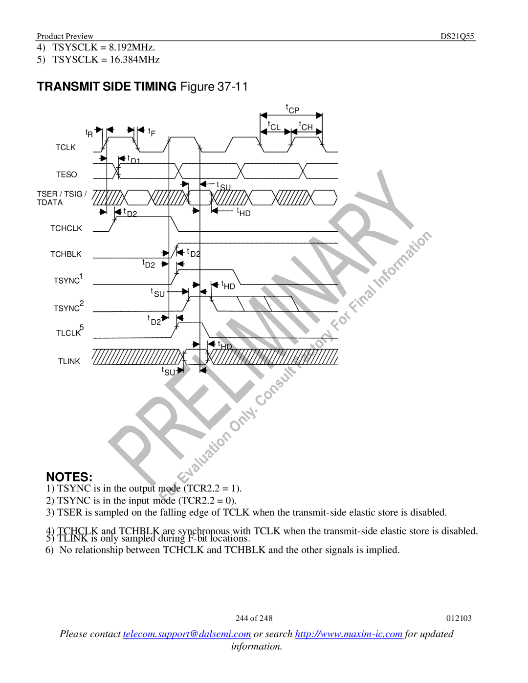 Maxim DS21Q55 specifications Tsysclk = 8.192MHz Tsysclk = 16.384MHz 