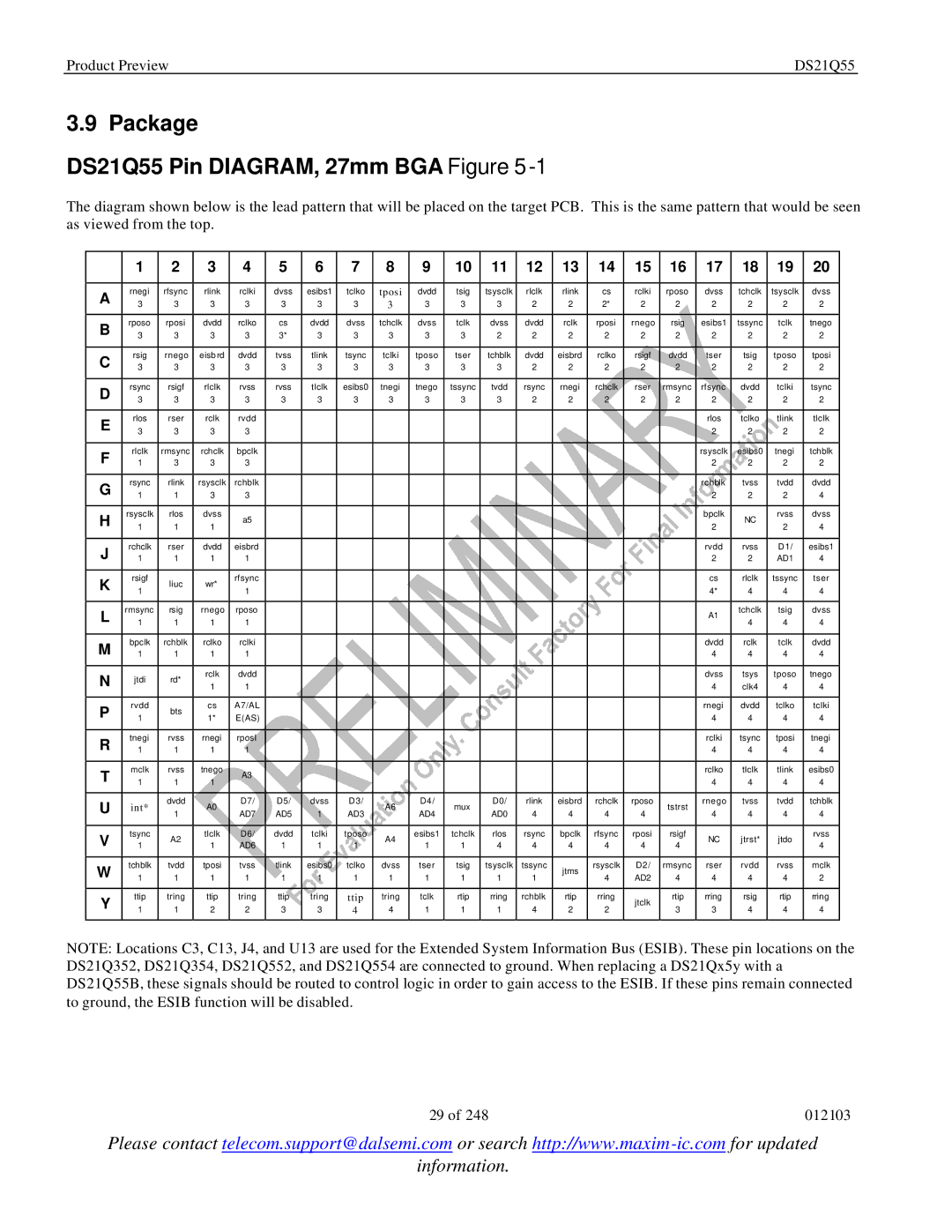 Maxim specifications Package DS21Q55 Pin DIAGRAM, 27mm BGA, AD1 