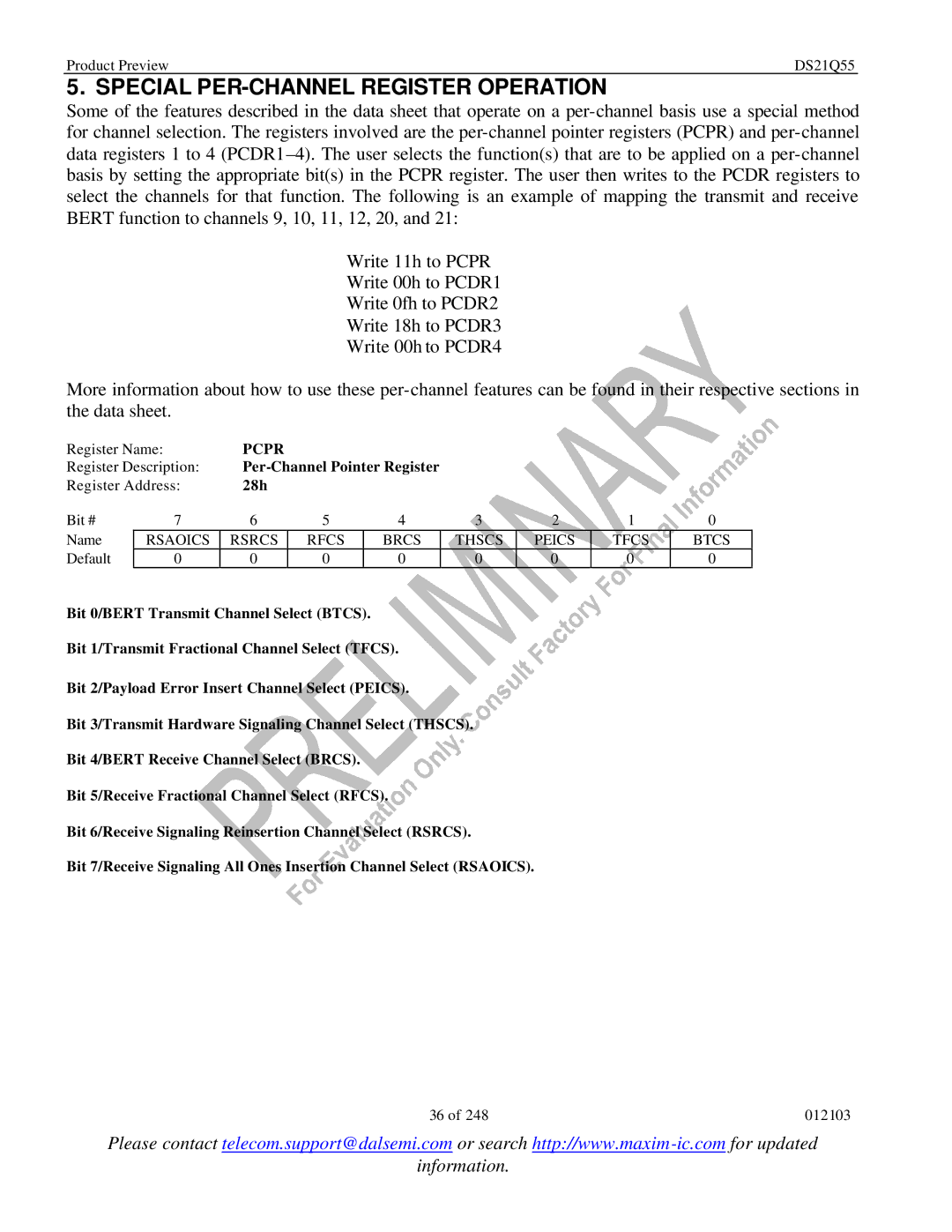 Maxim DS21Q55 Special PER-CHANNEL Register Operation, Register Name, Pcpr, Rsaoics Rsrcs Rfcs Brcs Thscs Peics Tfcs Btcs 