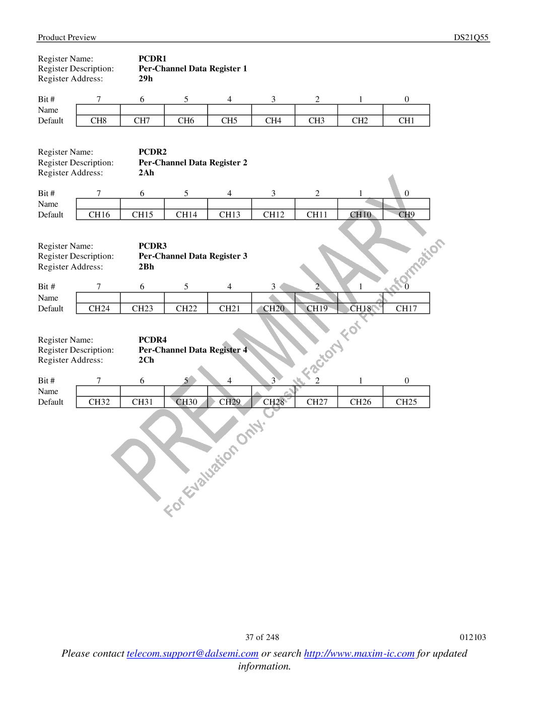 Maxim DS21Q55 specifications PCDR1, PCDR2, PCDR3, PCDR4 