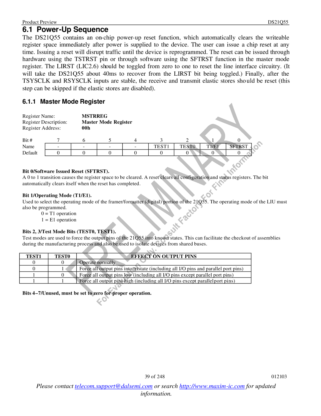 Maxim DS21Q55 specifications Power-Up Sequence, Master Mode Register, Mstrreg, TEST1 TEST0 Effect on Output Pins 