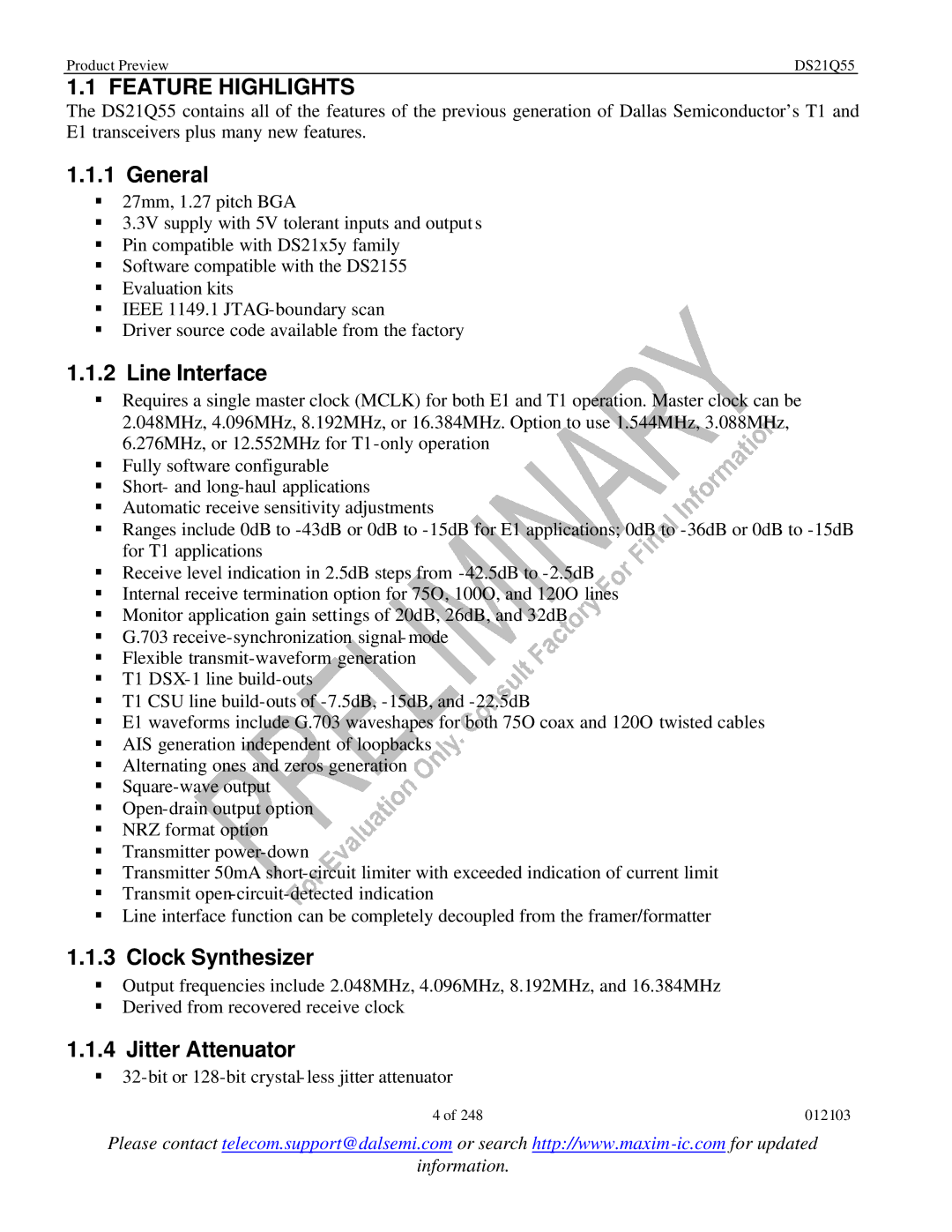 Maxim DS21Q55 specifications Feature Highlights, General, Line Interface, Clock Synthesizer, Jitter Attenuator 