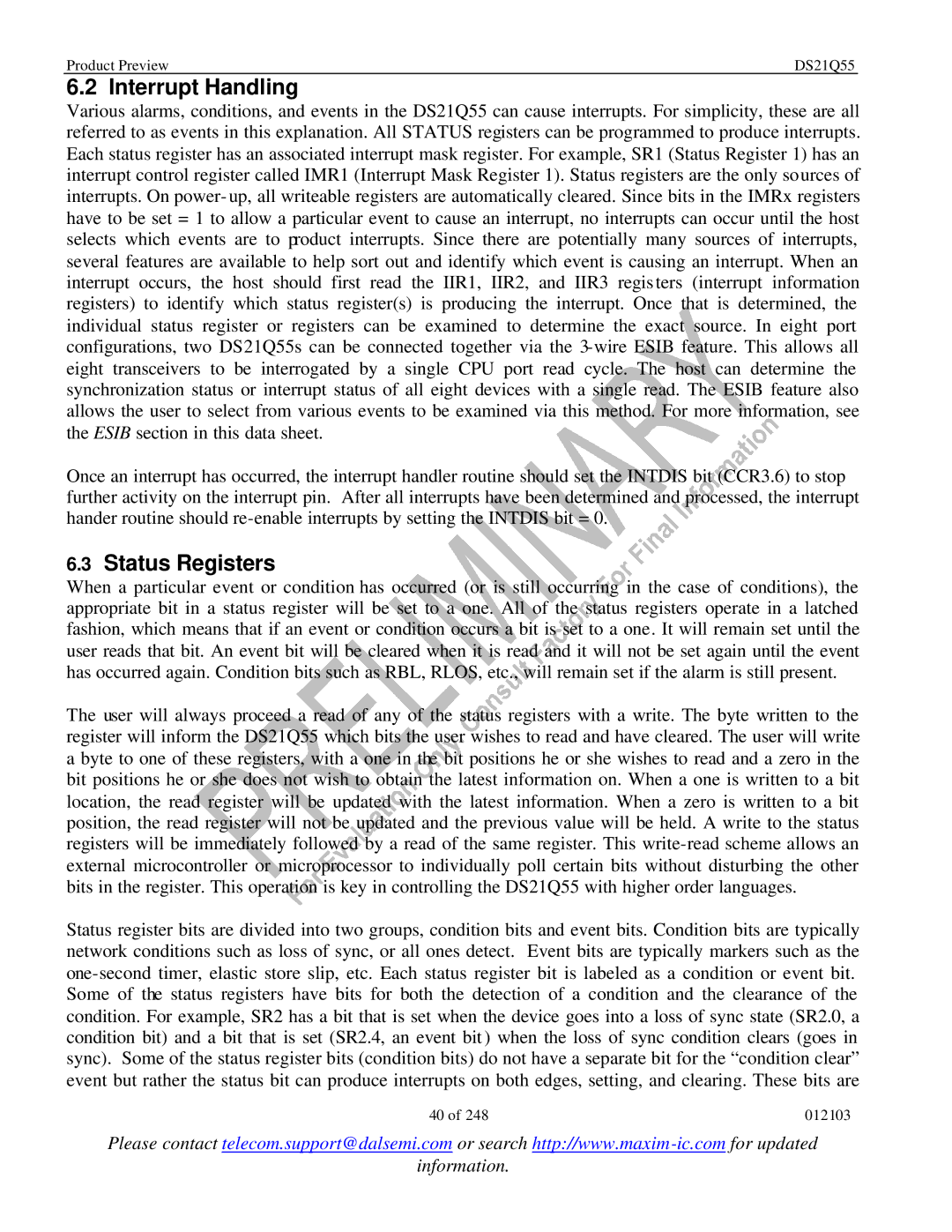 Maxim DS21Q55 specifications Interrupt Handling, Status Registers 