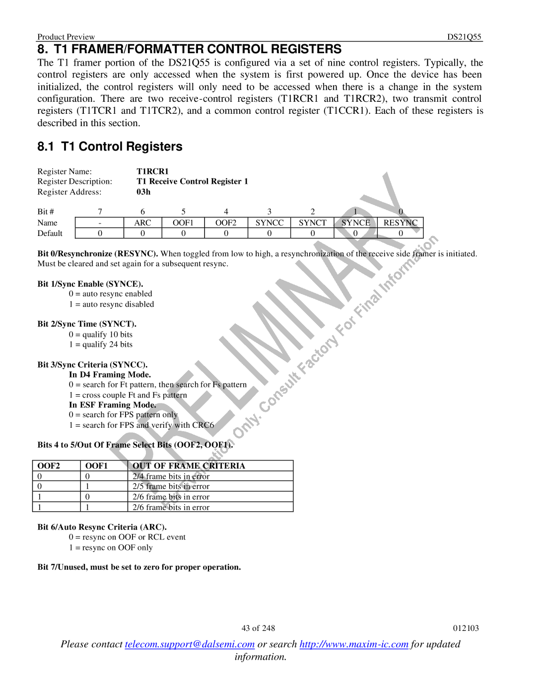 Maxim DS21Q55 T1 FRAMER/FORMATTER Control Registers, T1 Control Registers, T1RCR1, OOF2 OOF1 OUT of Frame Criteria 