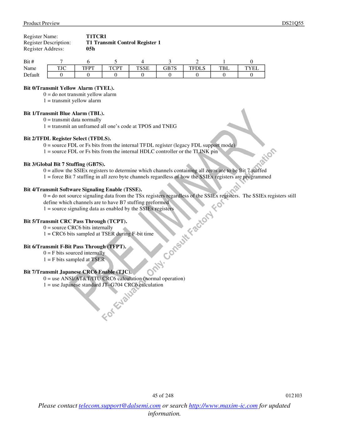 Maxim DS21Q55 specifications T1TCR1 