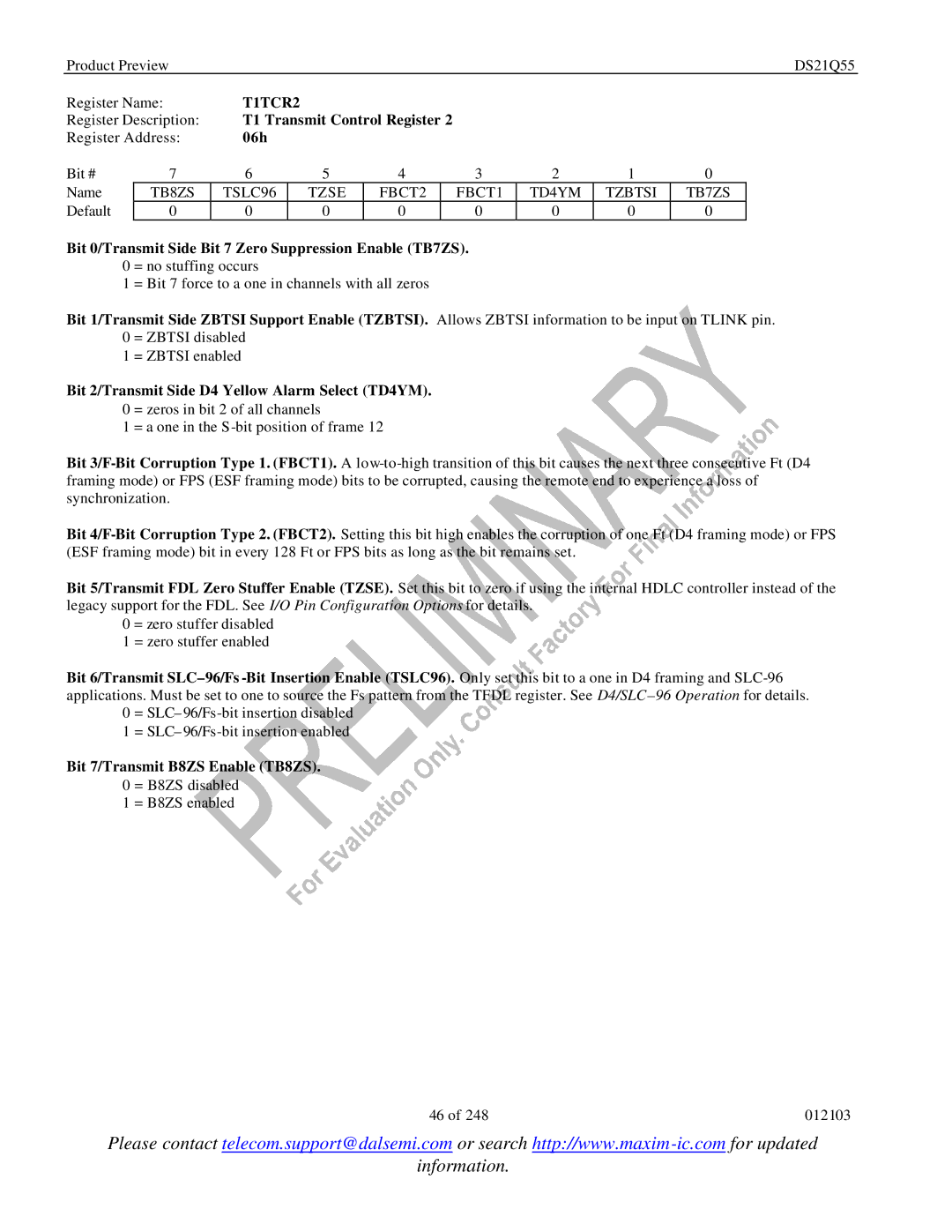 Maxim DS21Q55 specifications T1TCR2, 06h, TB8ZS TSLC96 Tzse FBCT2 FBCT1 TD4YM Tzbtsi TB7ZS 