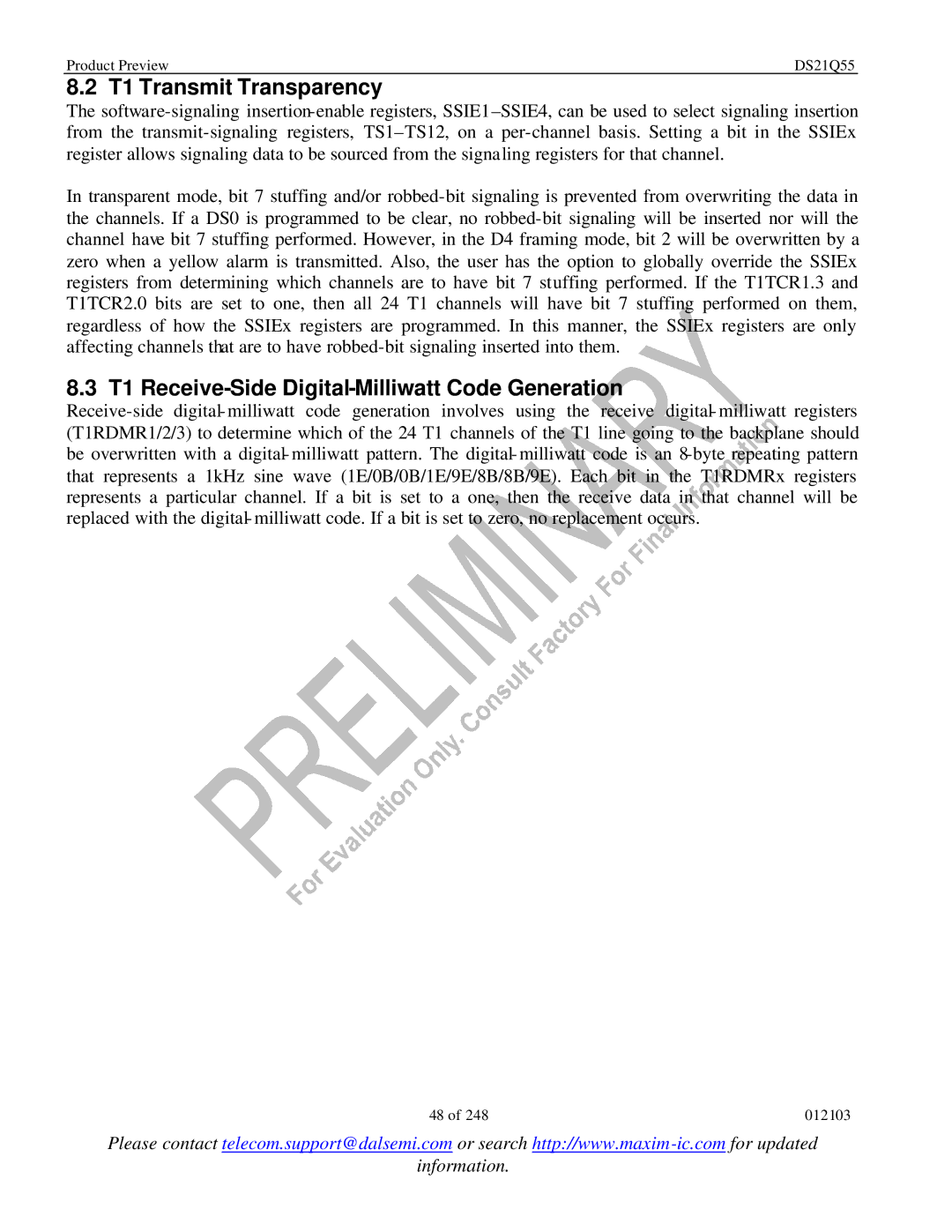 Maxim DS21Q55 specifications T1 Transmit Transparency, T1 Receive-Side Digital-Milliwatt Code Generation 