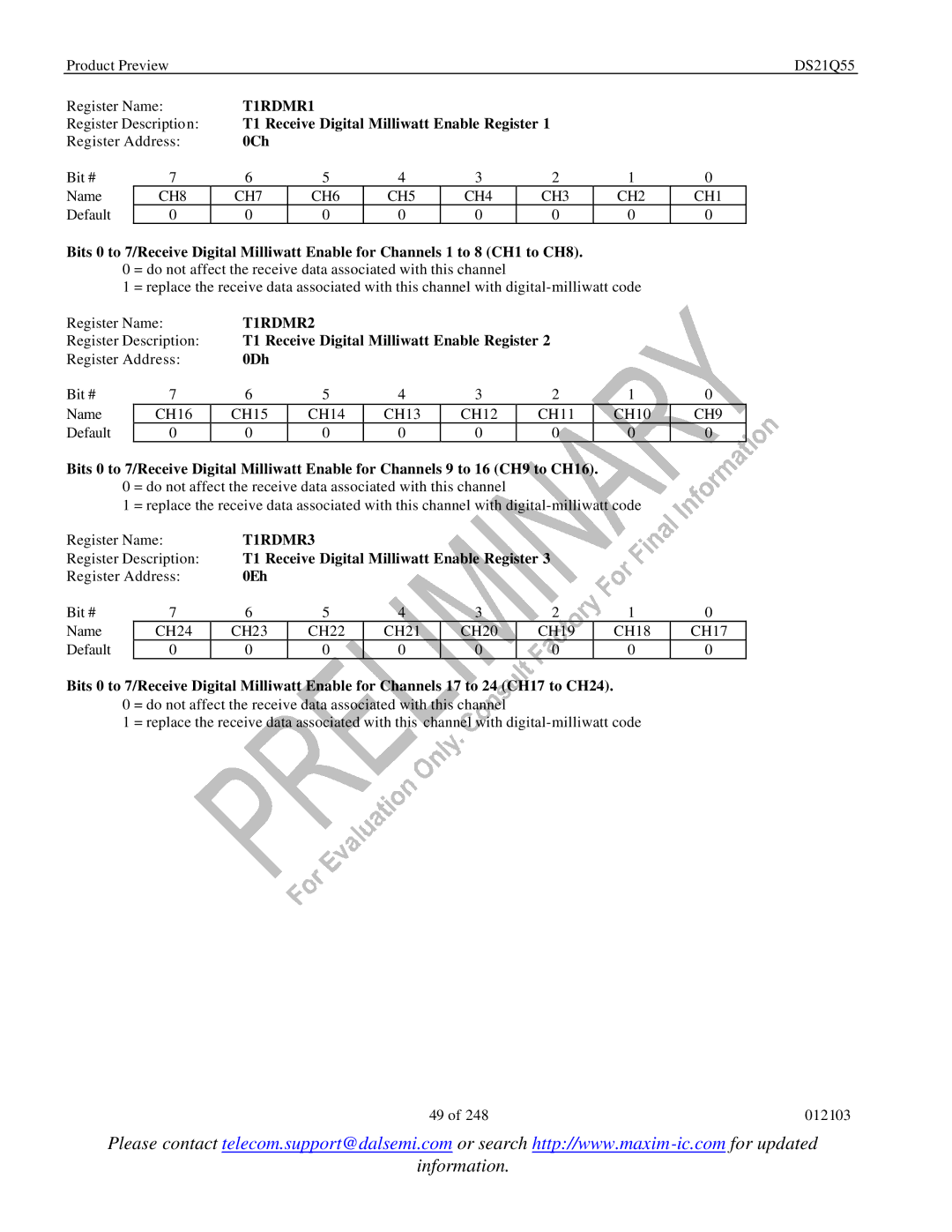 Maxim DS21Q55 specifications T1RDMR1, T1RDMR2, T1RDMR3 