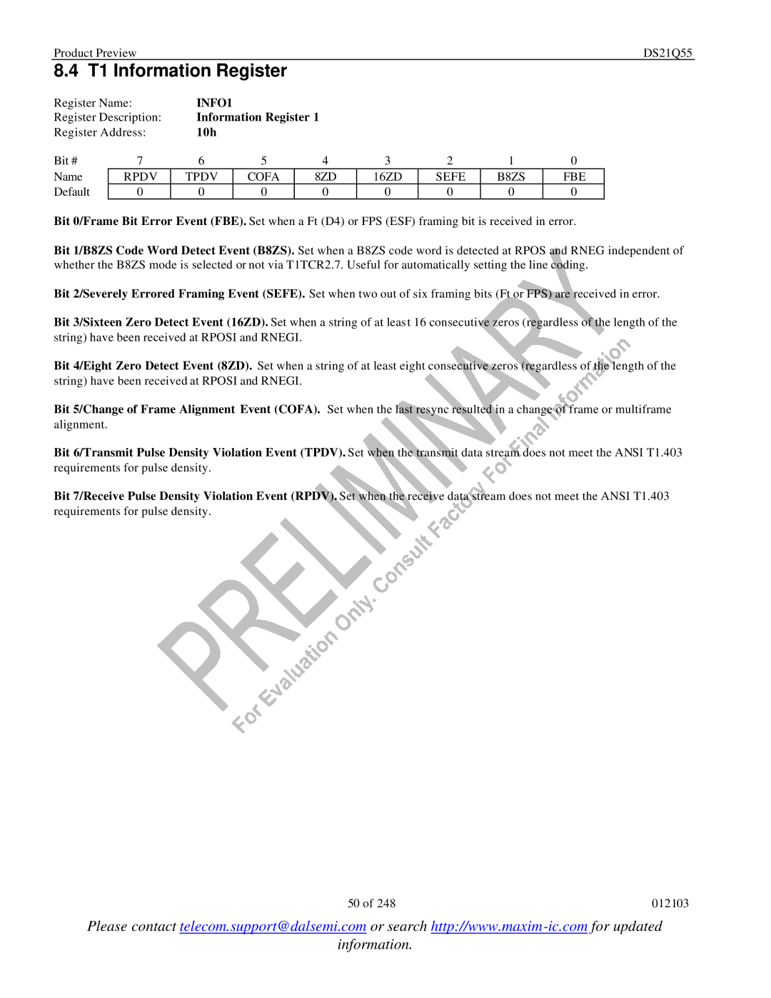 Maxim DS21Q55 specifications T1 Information Register, INFO1, 10h 