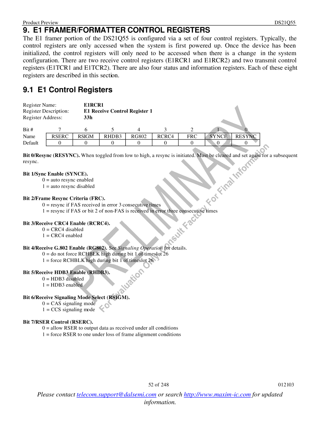 Maxim DS21Q55 specifications E1 FRAMER/FORMATTER Control Registers, E1 Control Registers, E1RCR1 