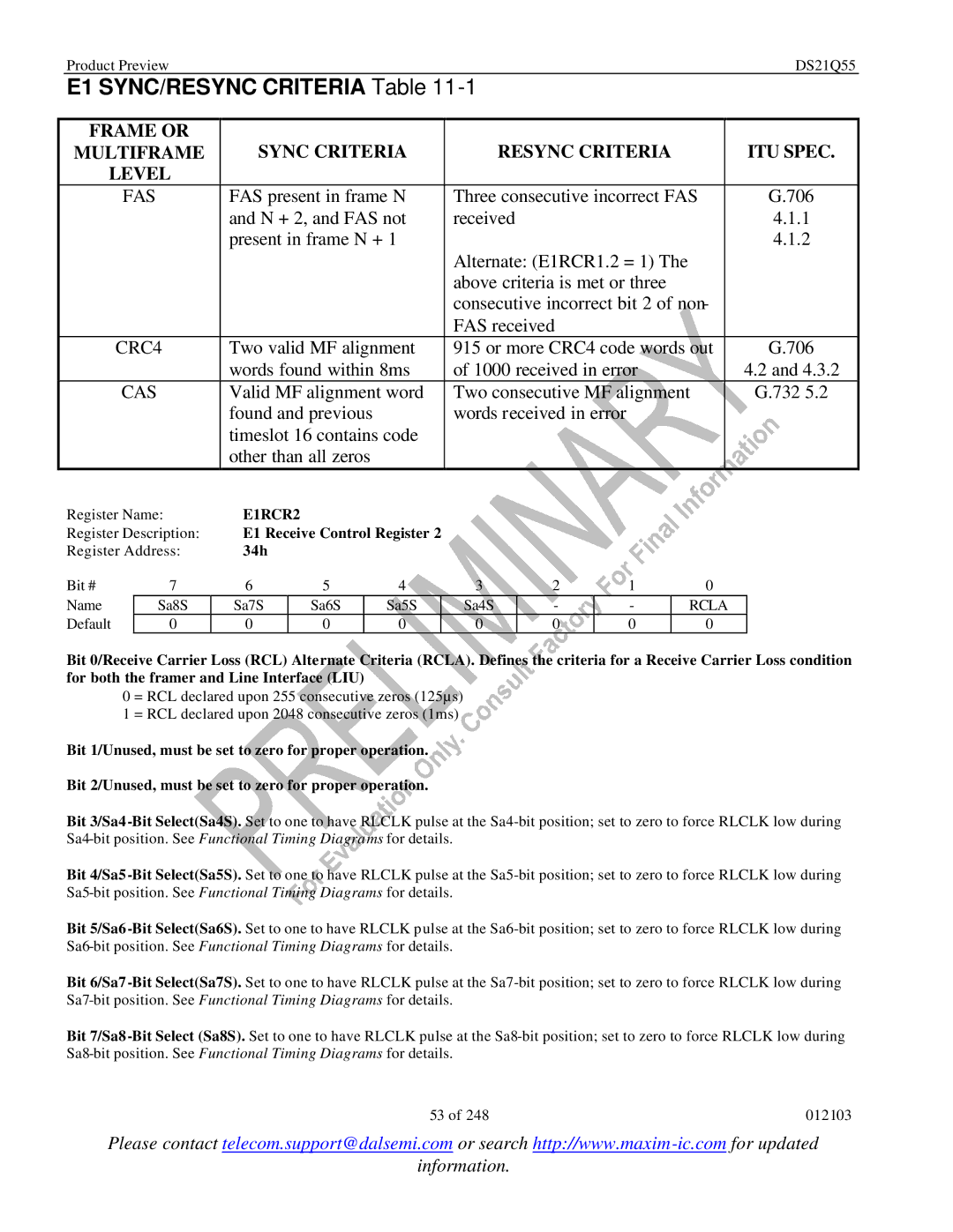 Maxim DS21Q55 specifications E1 SYNC/RESYNC Criteria Table, E1RCR2, 34h, Rcla 