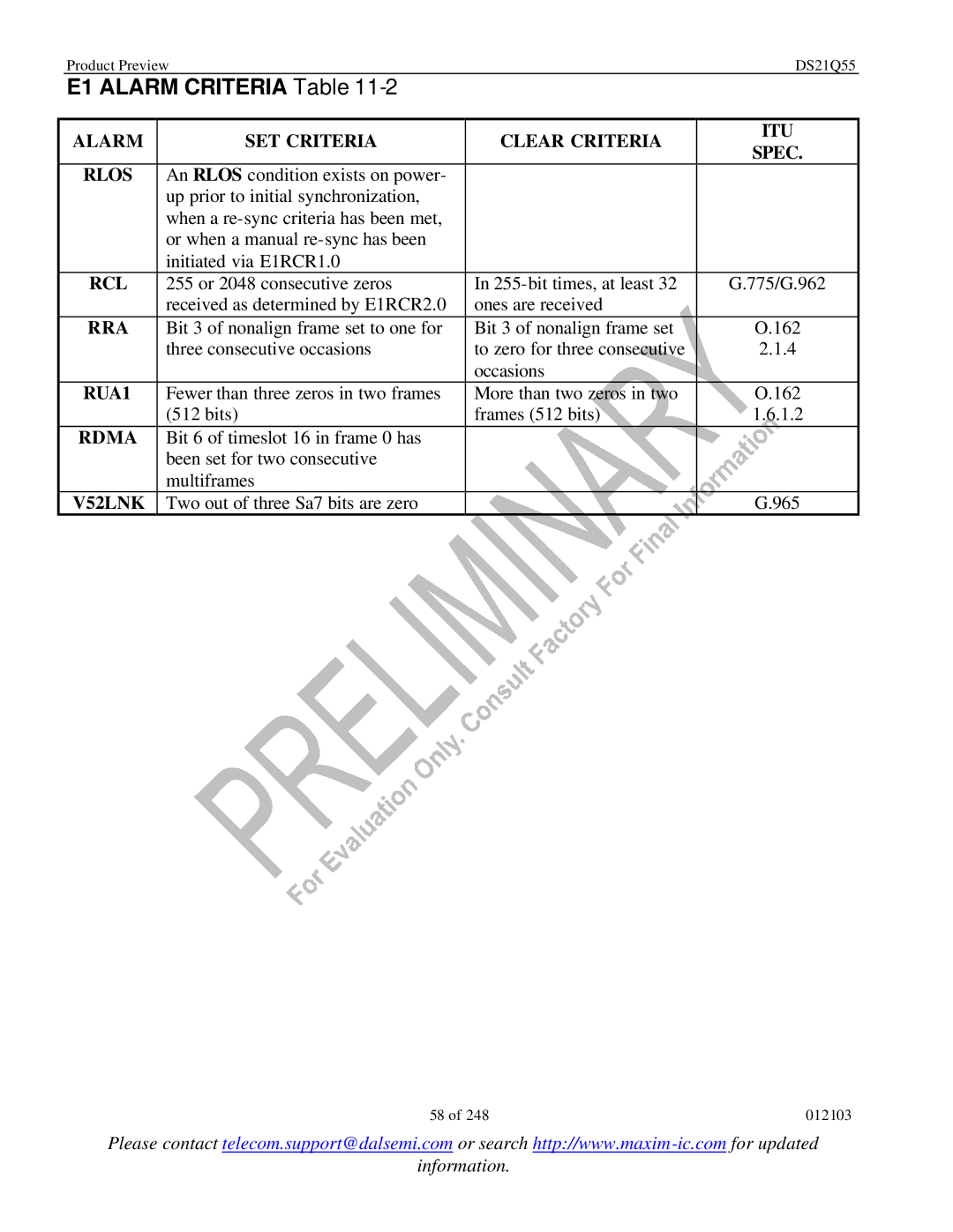 Maxim DS21Q55 specifications E1 Alarm Criteria Table 