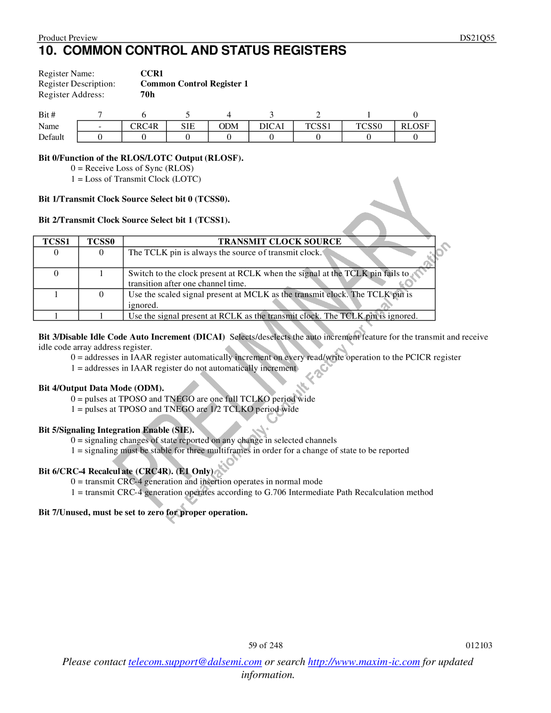 Maxim DS21Q55 specifications Common Control and Status Registers, CCR1, TCSS1 TCSS0 Transmit Clock Source 