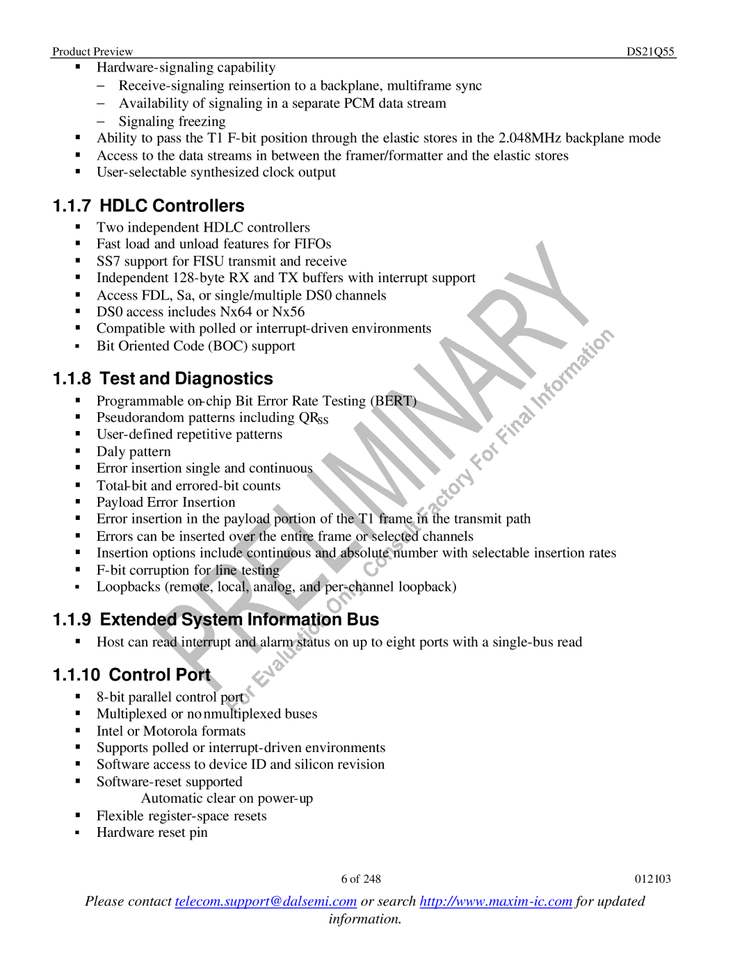 Maxim DS21Q55 specifications Hdlc Controllers, Test and Diagnostics, Extended System Information Bus, Control Port 