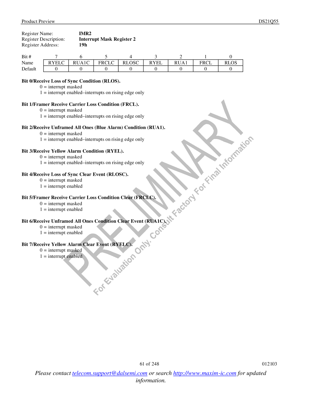 Maxim DS21Q55 specifications IMR2, Interrupt Mask Register, 19h, Bit 2/Receive Unframed All Ones Blue Alarm Condition RUA1 