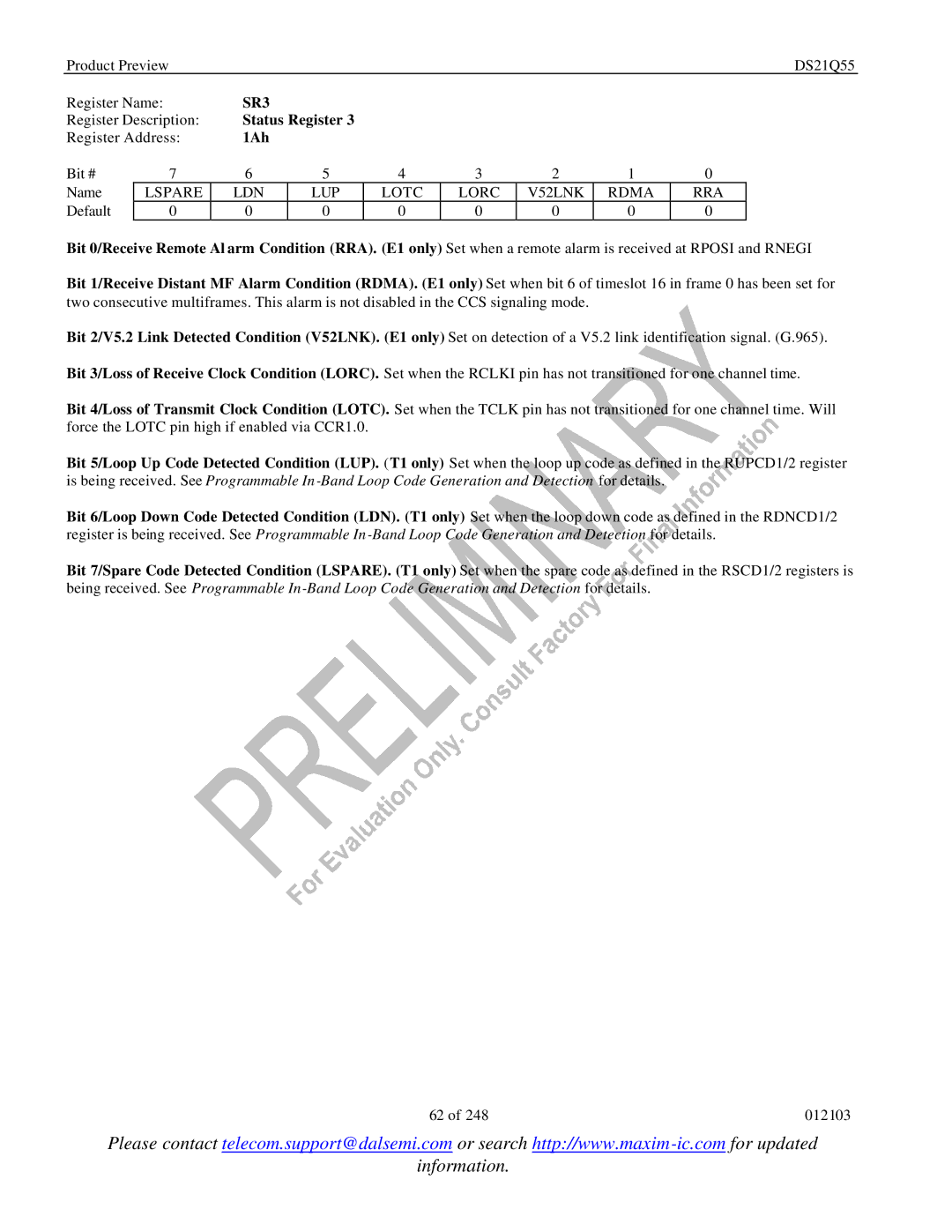 Maxim DS21Q55 specifications SR3, 1Ah, Lspare LDN LUP Lotc Lorc V52LNK Rdma RRA 