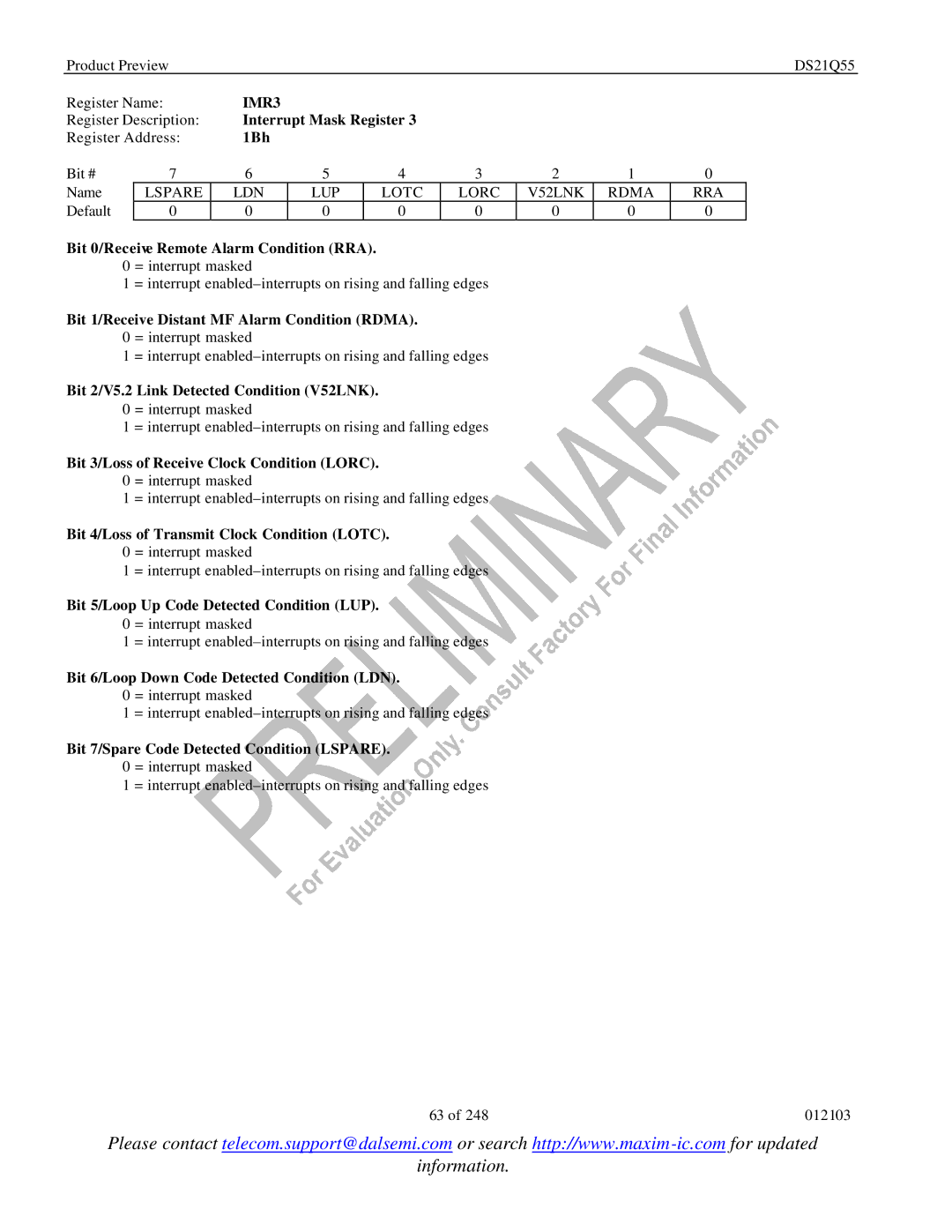 Maxim DS21Q55 specifications IMR3, 1Bh, Bit 0/Receive Remote Alarm Condition RRA = interrupt masked 