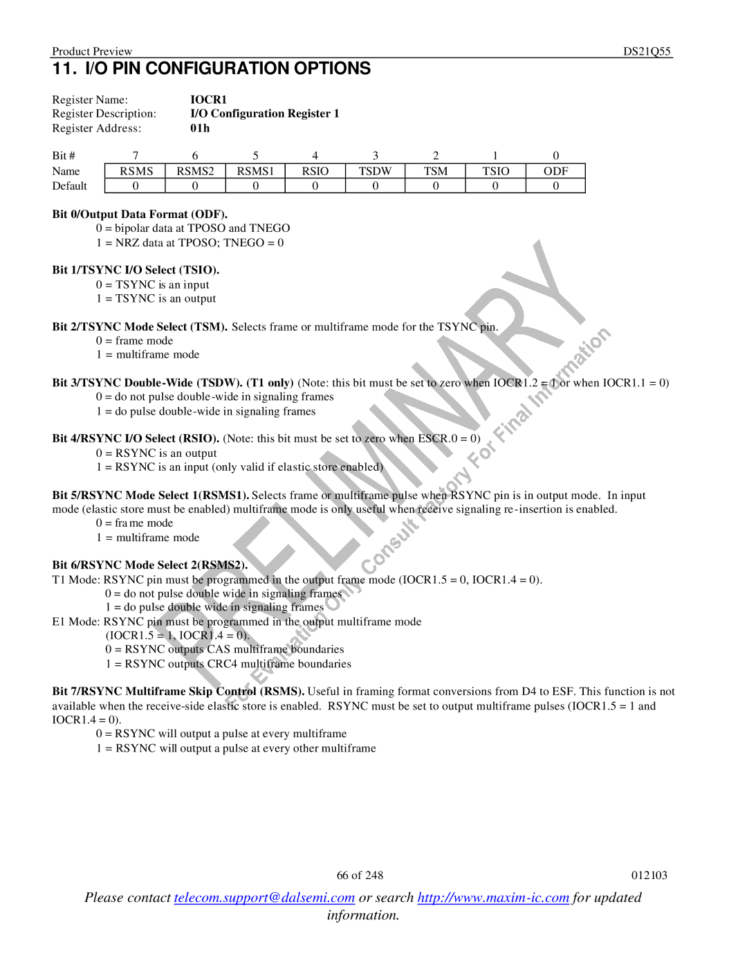 Maxim DS21Q55 specifications 11. I/O PIN Configuration Options, IOCR1 