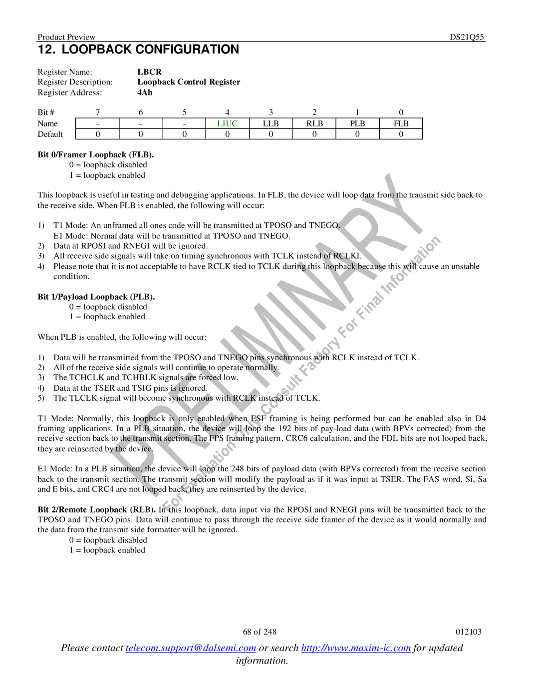 Maxim DS21Q55 specifications Loopback Configuration, Lbcr, Loopback Control Register, 4Ah, Llb Rlb Plb Flb 