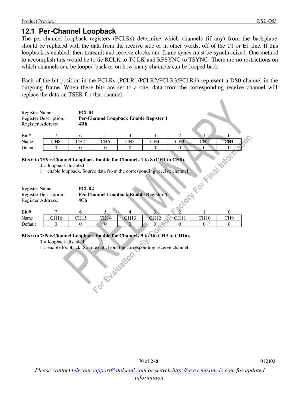 Maxim DS21Q55 specifications Per-Channel Loopback, PCLR1, PCLR2 