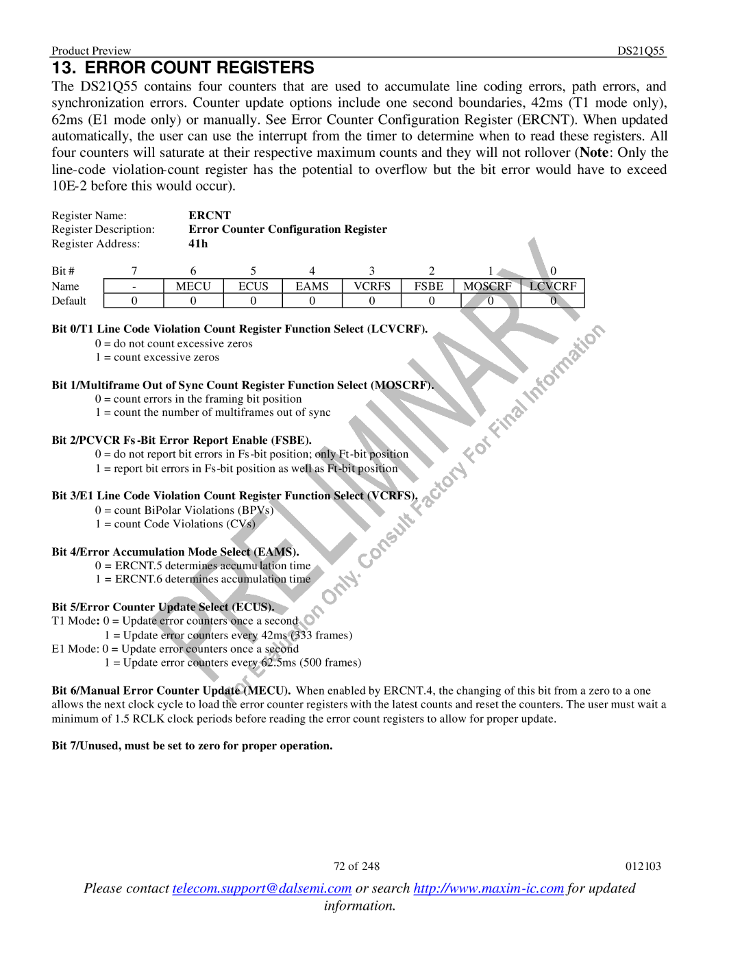 Maxim DS21Q55 specifications Error Count Registers, Ercnt 