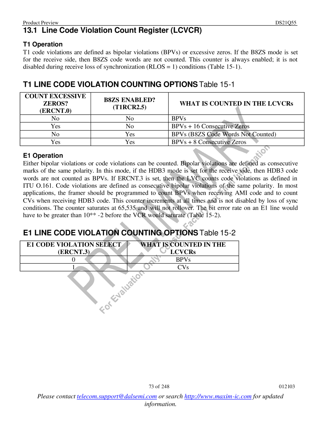 Maxim DS21Q55 Line Code Violation Count Register Lcvcr, T1 Line Code Violation Counting Options Table, T1 Operation 