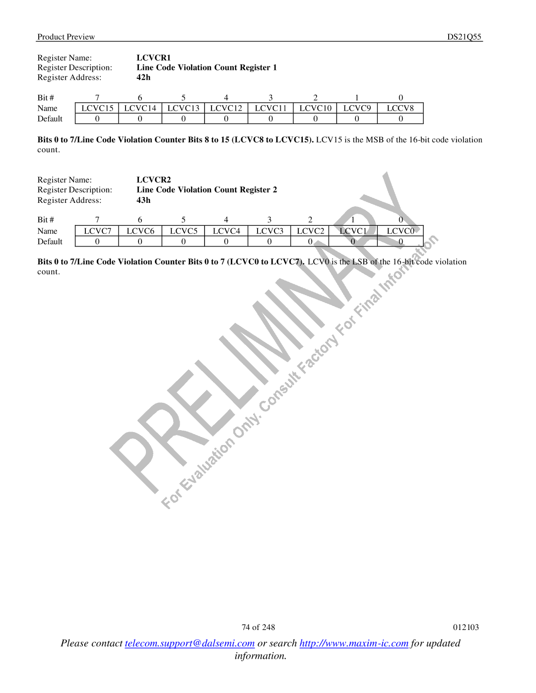 Maxim DS21Q55 specifications LCVCR1, Line Code Violation Count Register, 42h, LCVCR2, 43h 