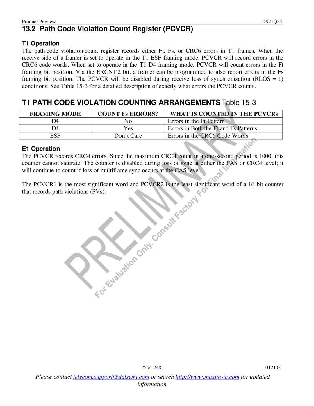 Maxim DS21Q55 Path Code Violation Count Register Pcvcr, T1 Path Code Violation Counting Arrangements Table, Framing Mode 