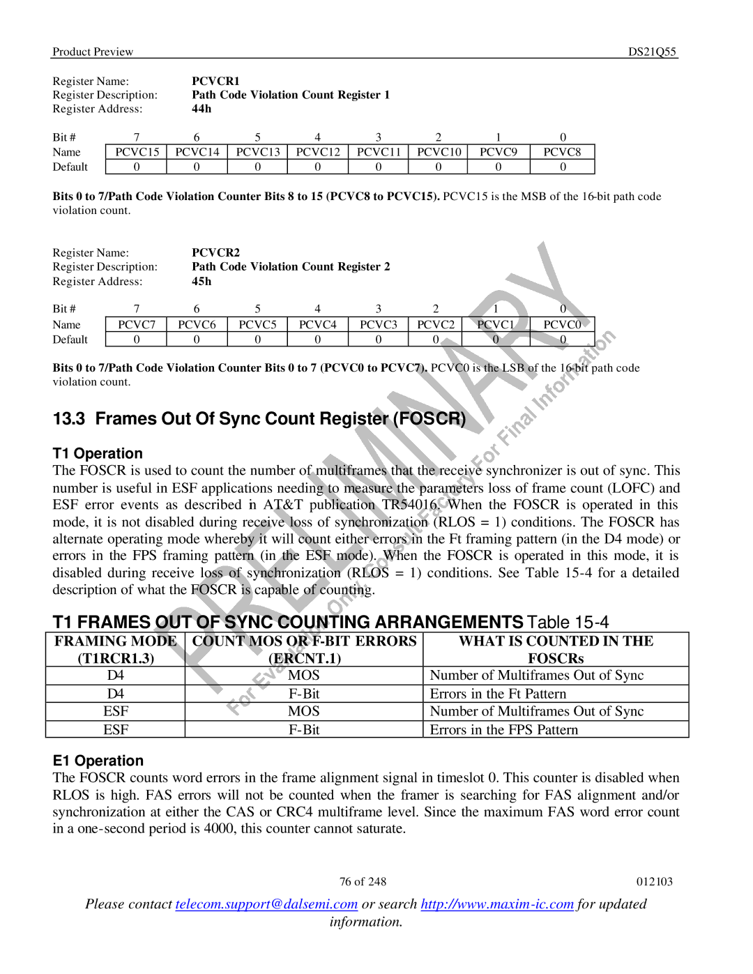 Maxim DS21Q55 Frames Out Of Sync Count Register Foscr, T1 Frames OUT of Sync Counting Arrangements Table, ERCNT.1 