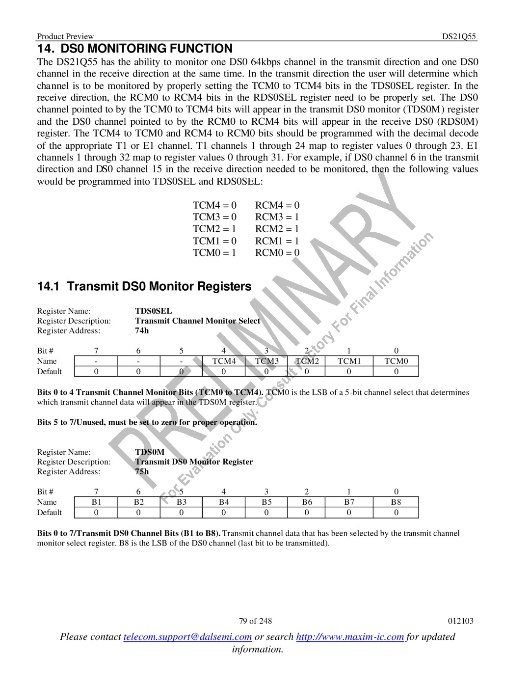 Maxim DS21Q55 specifications 14. DS0 Monitoring Function, Transmit DS0 Monitor Registers, TDS0SEL, TDS0M 