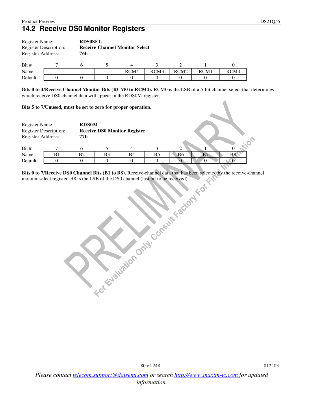 Maxim DS21Q55 specifications Receive DS0 Monitor Registers, RDS0SEL, RDS0M 