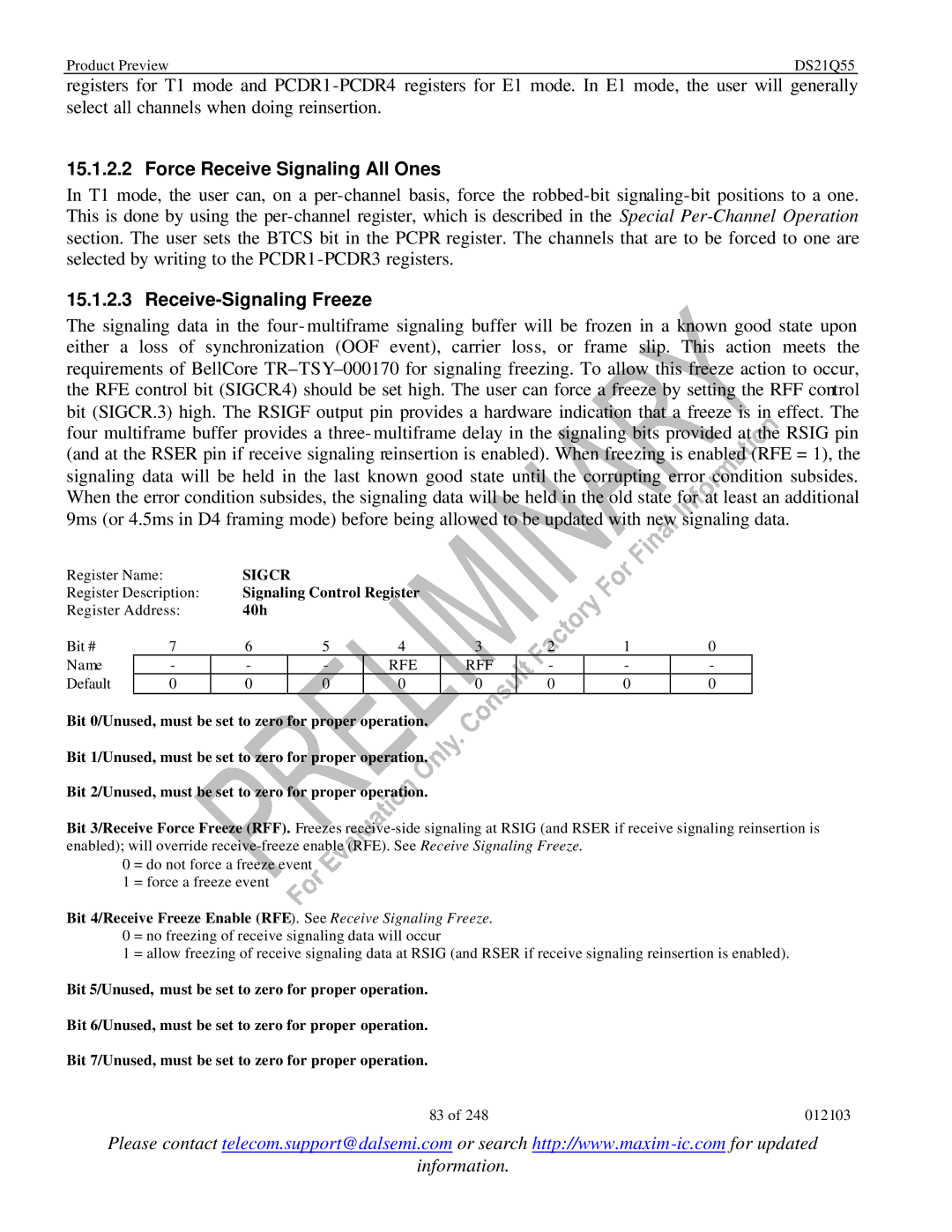 Maxim DS21Q55 Force Receive Signaling All Ones, Receive-Signaling Freeze, Sigcr, Signaling Control Register, 40h 