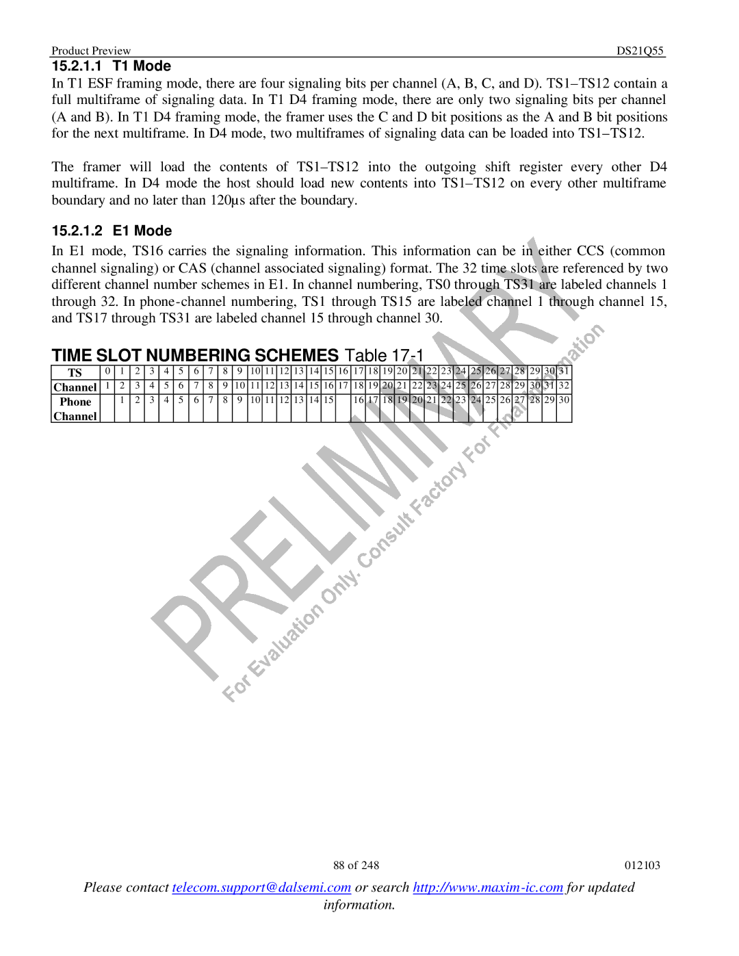 Maxim DS21Q55 specifications Time Slot Numbering Schemes Table, 15.2.1.1 T1 Mode, 15.2.1.2 E1 Mode, Channel Phone 