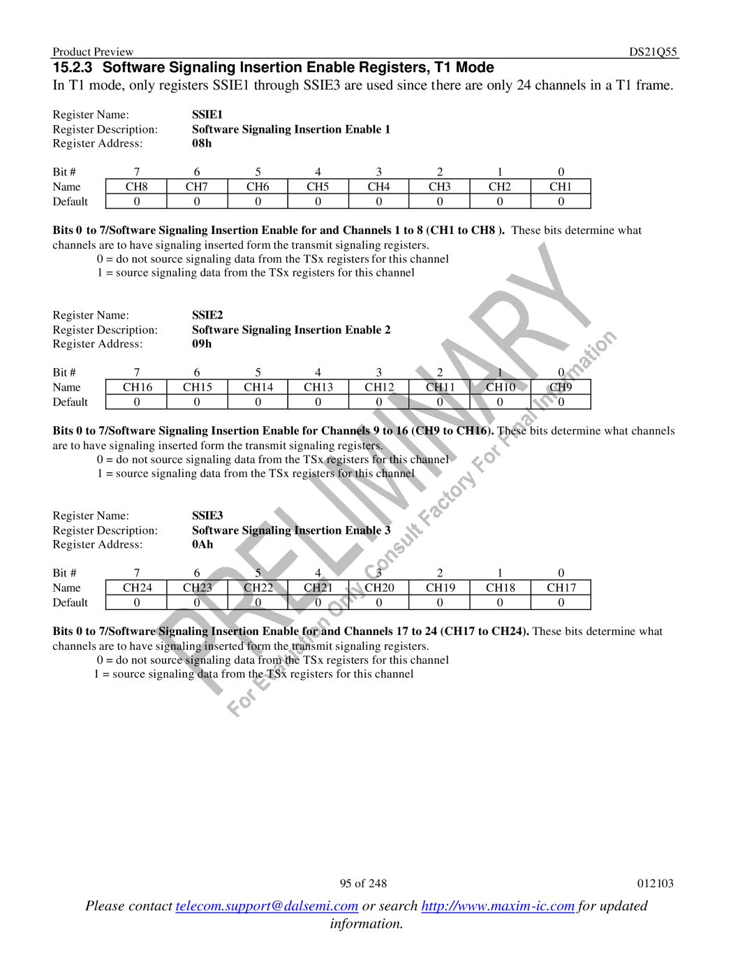 Maxim DS21Q55 specifications Software Signaling Insertion Enable Registers, T1 Mode, CH8 CH7 CH6 CH5 CH4 CH3 CH2 CH1 