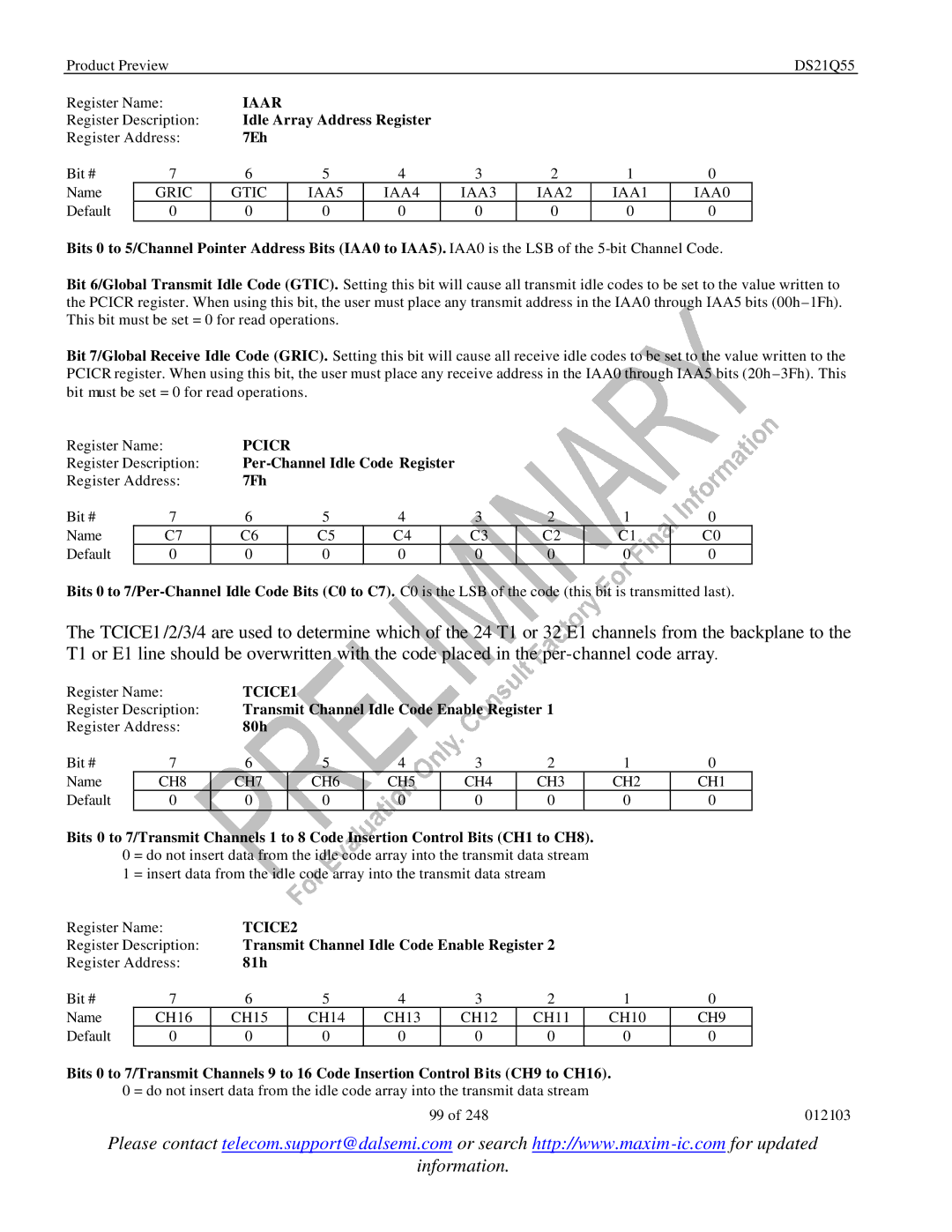 Maxim DS21Q55 specifications Iaar, Pcicr, TCICE1, TCICE2 