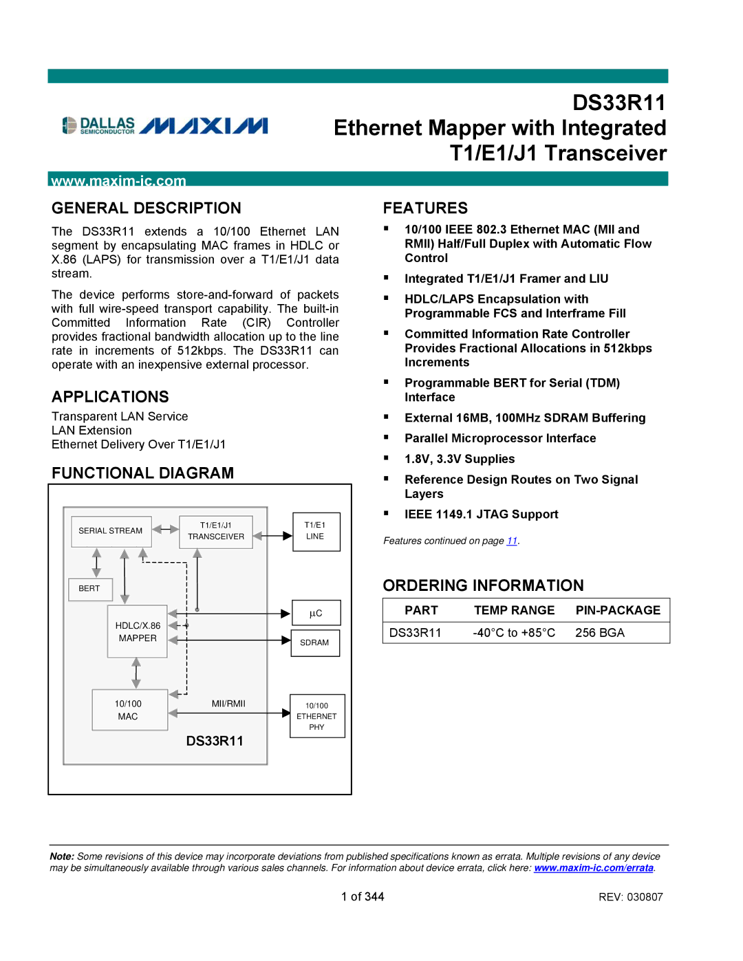 Maxim DS33R11 specifications Part Temp Range PIN-PACKAGE 