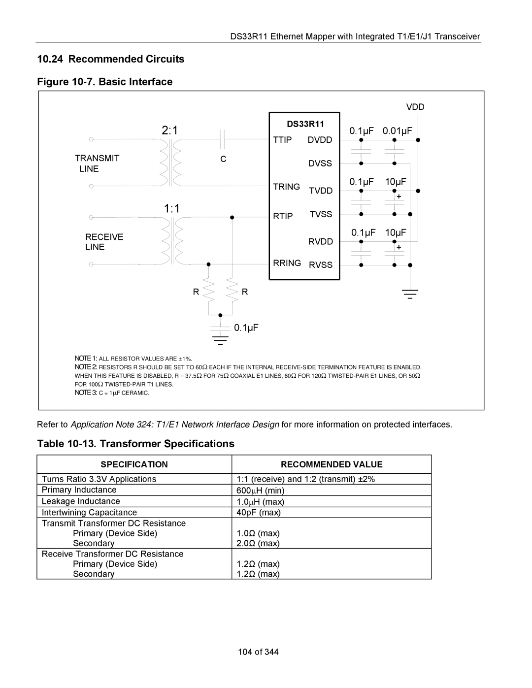 Maxim DS33R11 Recommended Circuits -7. Basic Interface, Transformer Specifications, Specification Recommended Value 