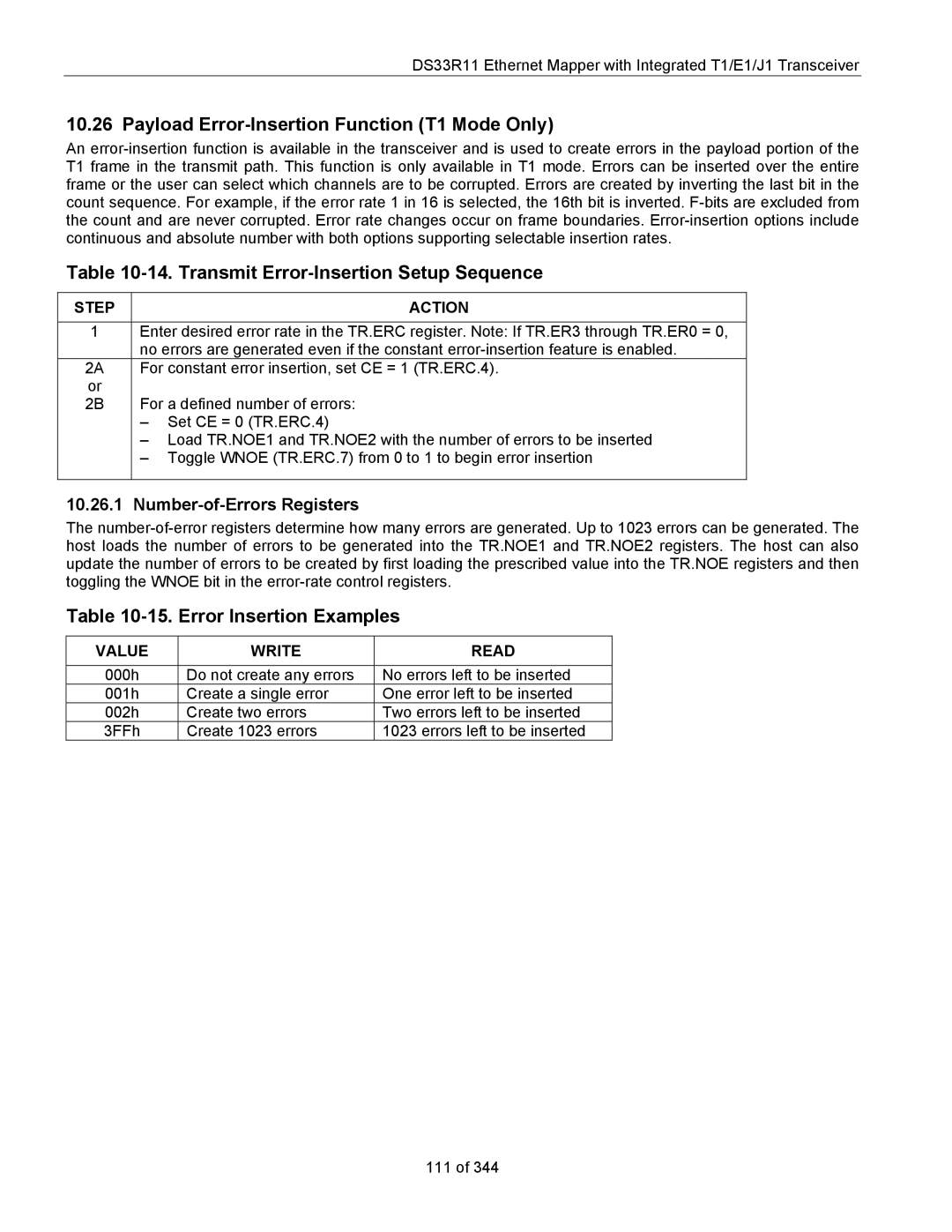 Maxim DS33R11 specifications Payload Error-Insertion Function T1 Mode Only, Transmit Error-Insertion Setup Sequence 